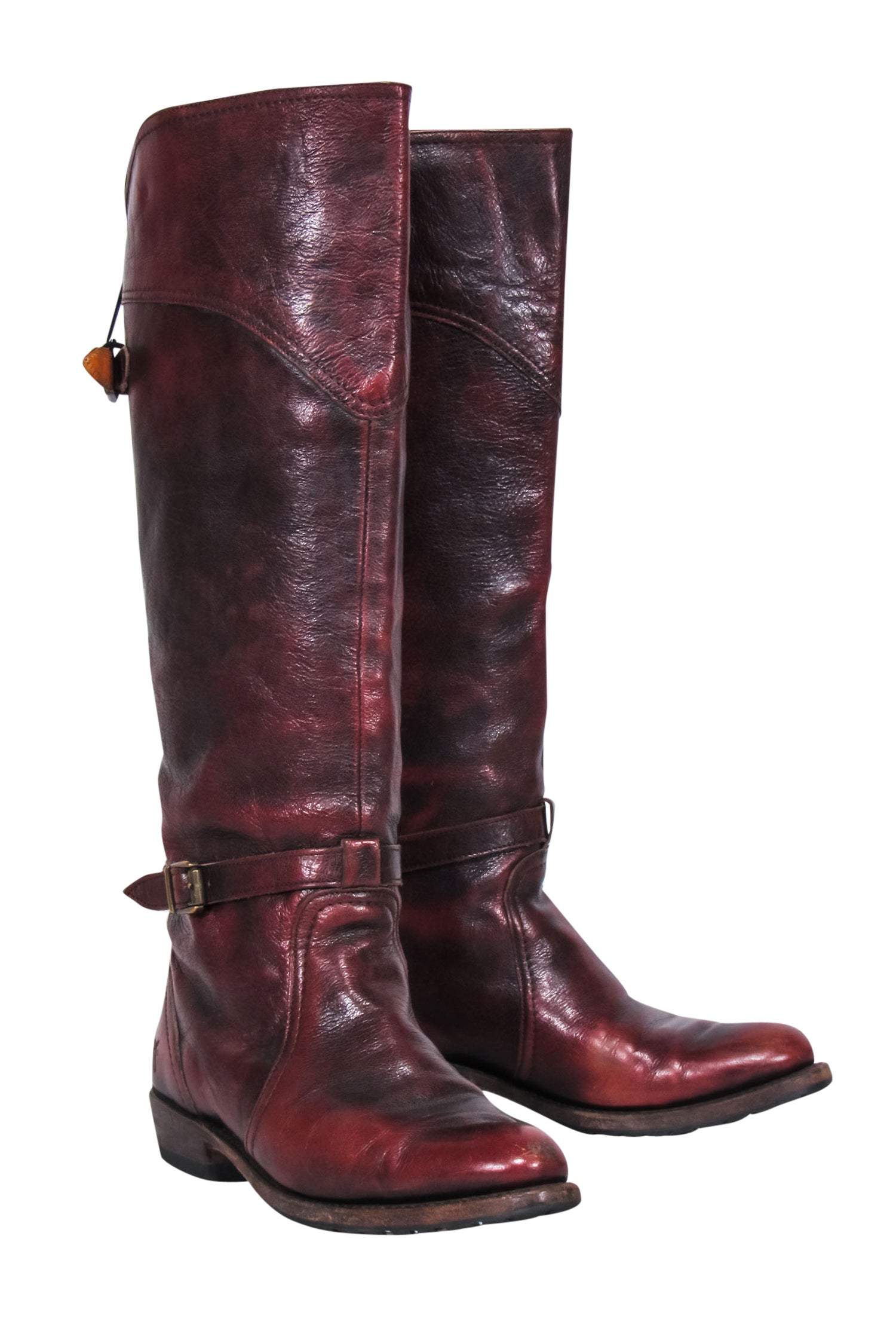 Frye's Stunning Burgundy Marbled Leather Knee - High Buckled Boots - Size 7