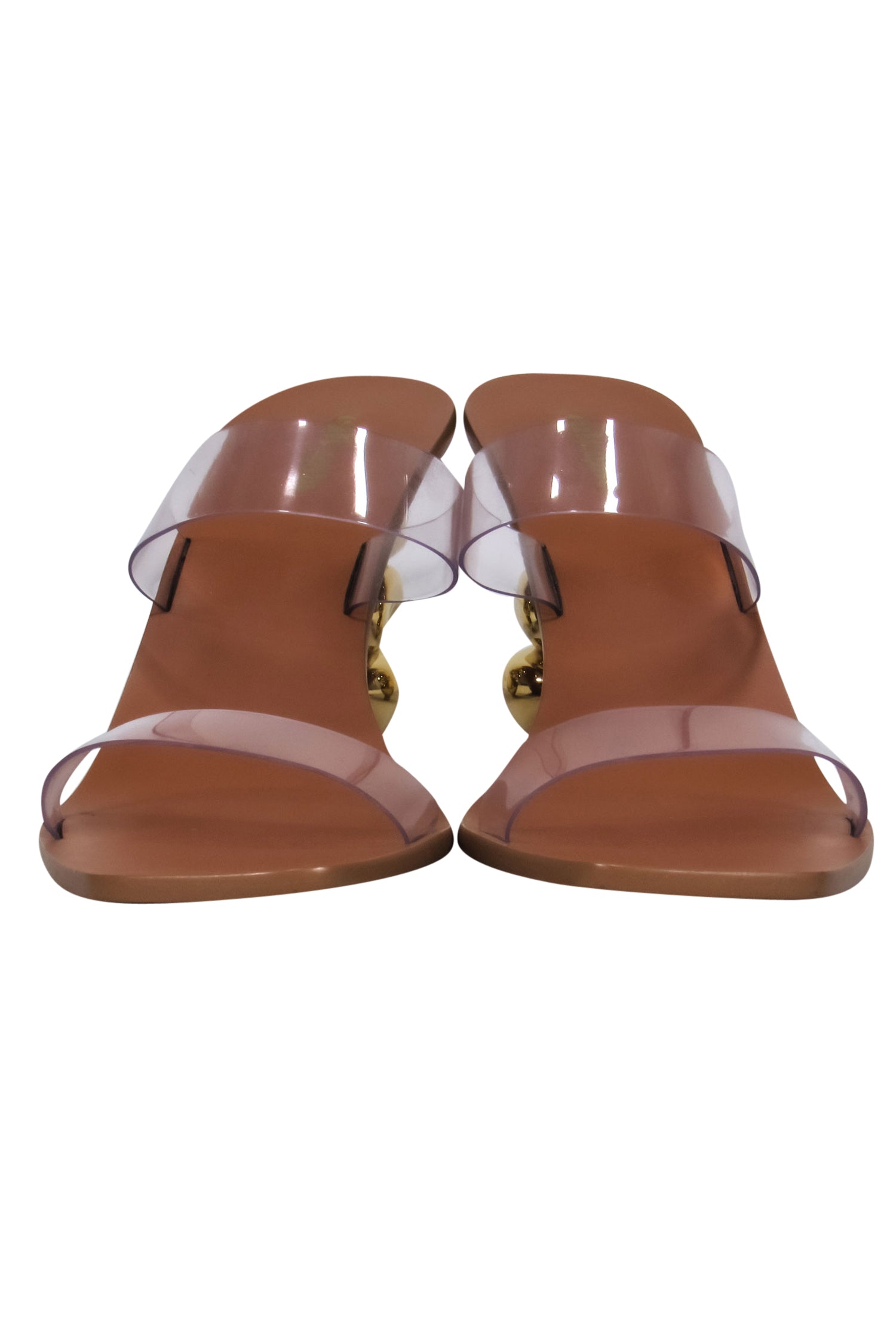 Cult Gaia Clear Strappy Meta Sandals with Abstract Gold Heel - Size 11