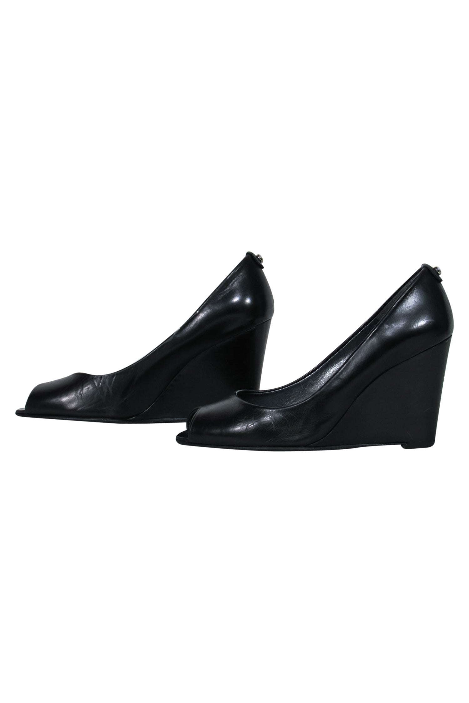 Stuart Weitzman Black Leather Peep Toe Wedges - Size 8 - Fashionable Footwear