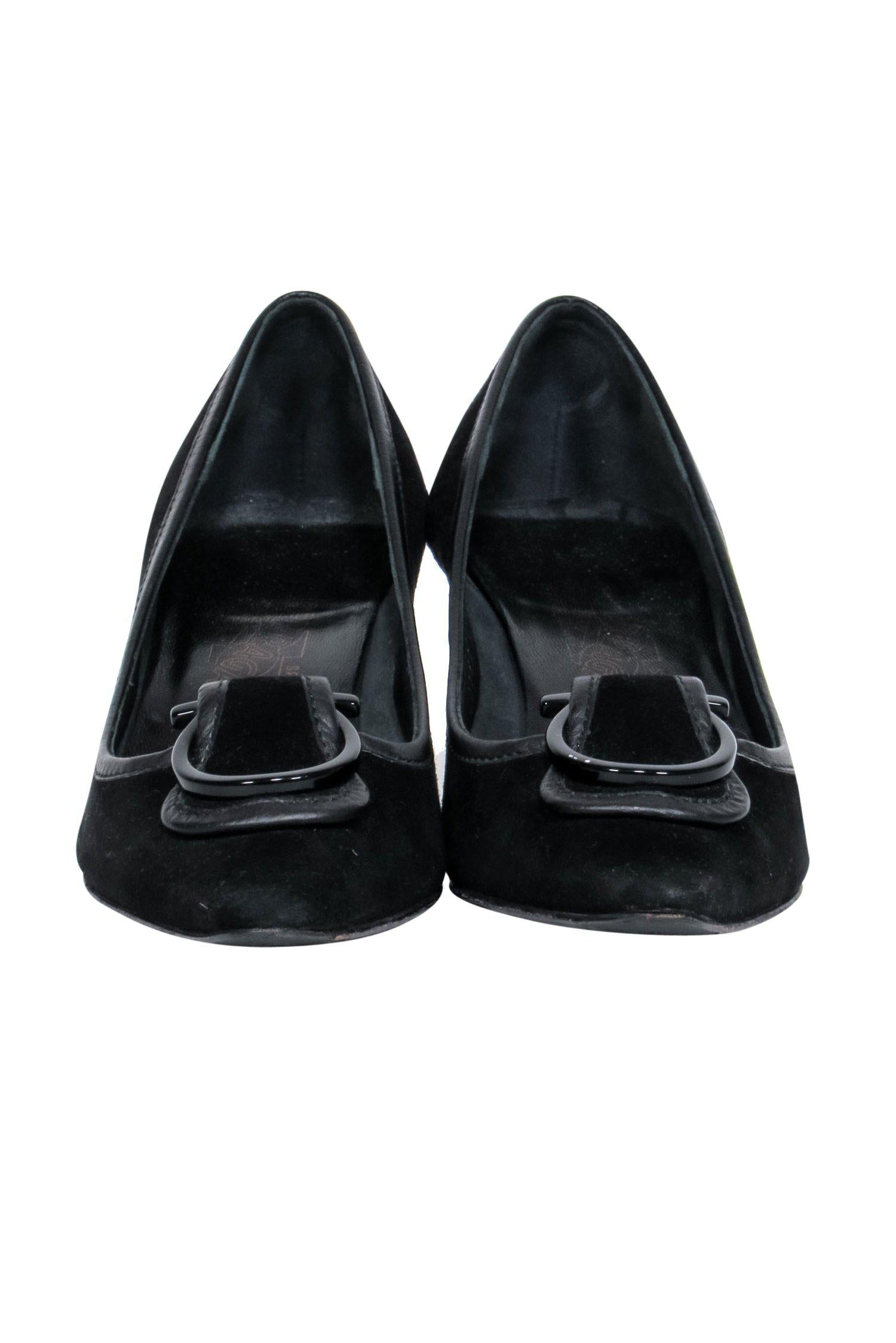 Ferragamo Black Suede Pointed-Toe Kitten Heels with Buckle Detail - Size 6.5