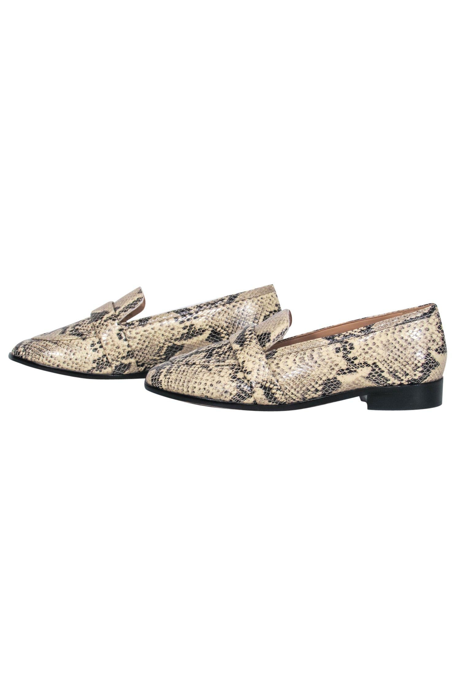 Schutz Beige & Black Leather Snakeskin Print Loafers - Size 7.5: A Fierce Fashion Statement!