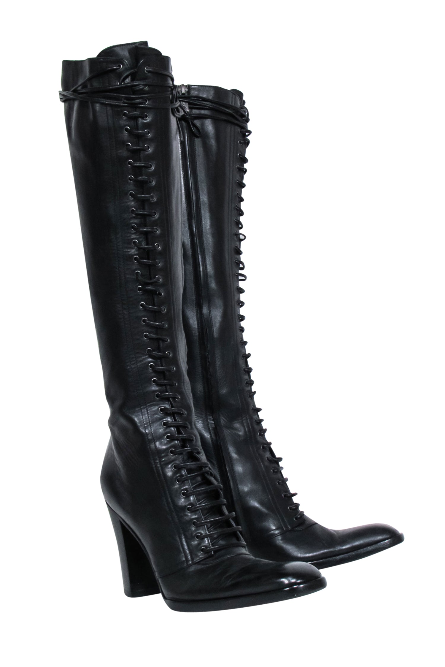 Yves Saint Laurent Stylish Black Leather Lace - Up Tall Boots in Size 9.5