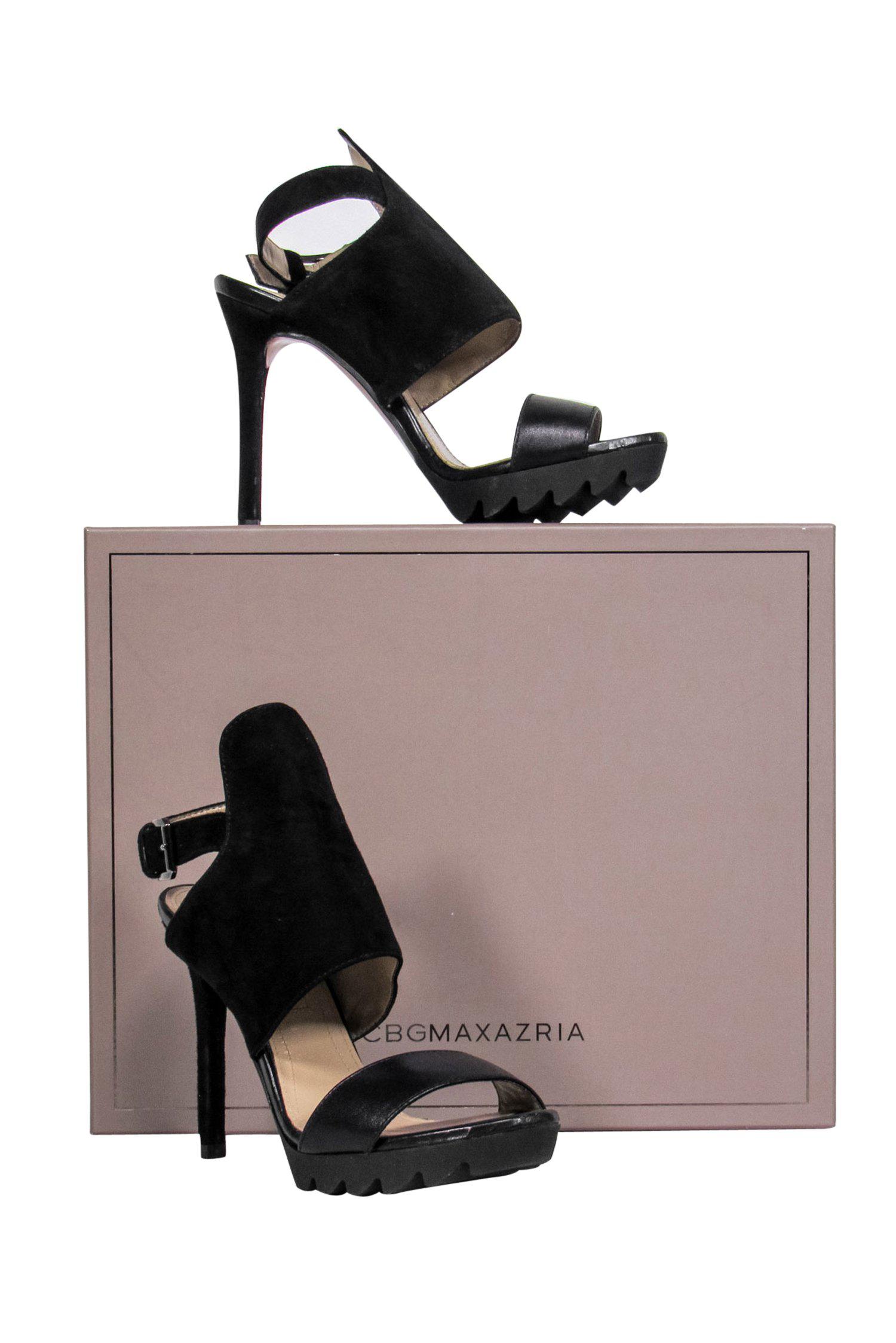 BCBG Max Azria - Glamorous Black Suede Open Toe Ankle Strap Stilettos in Size 6.5