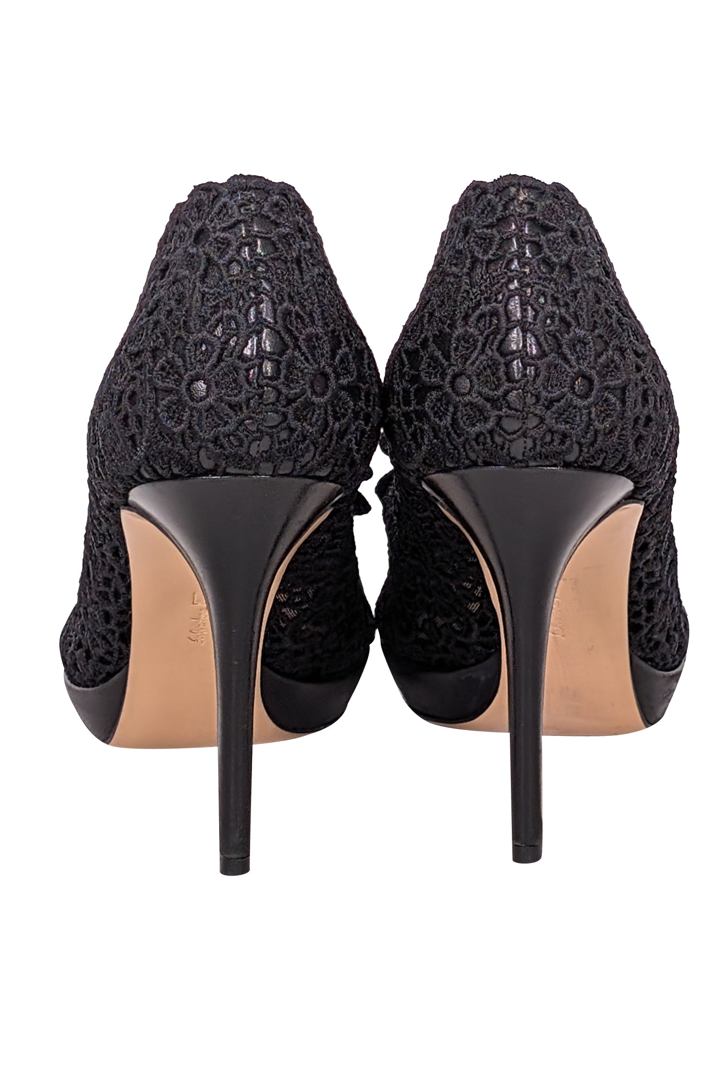 Ferragamo's Alluring Black Eyelet Lace Peep Toe Pumps - Size 8.5
