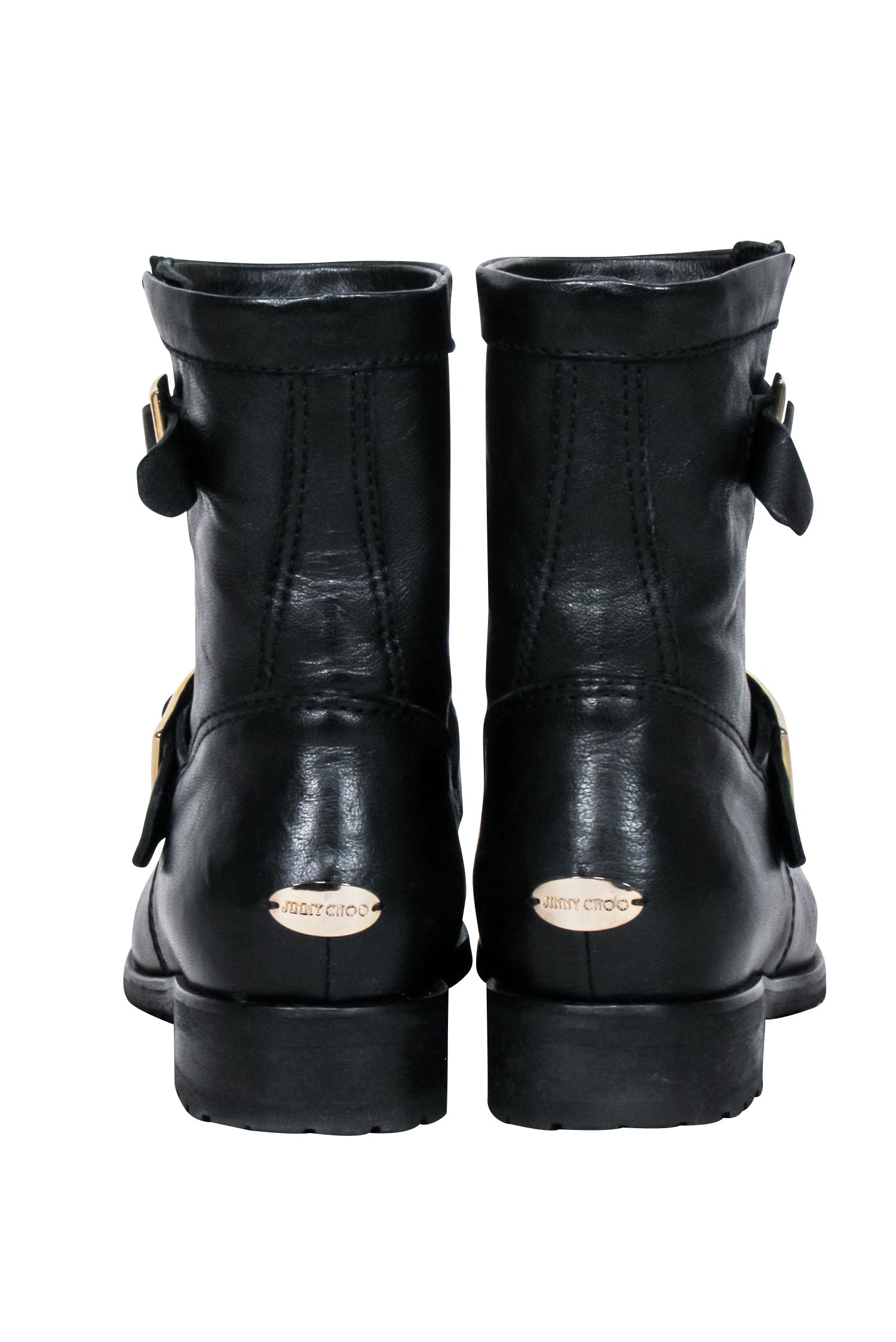 Jimmy Choo's Stunning Black Leather Ankle Buckle Short Boots - Size 7.5
