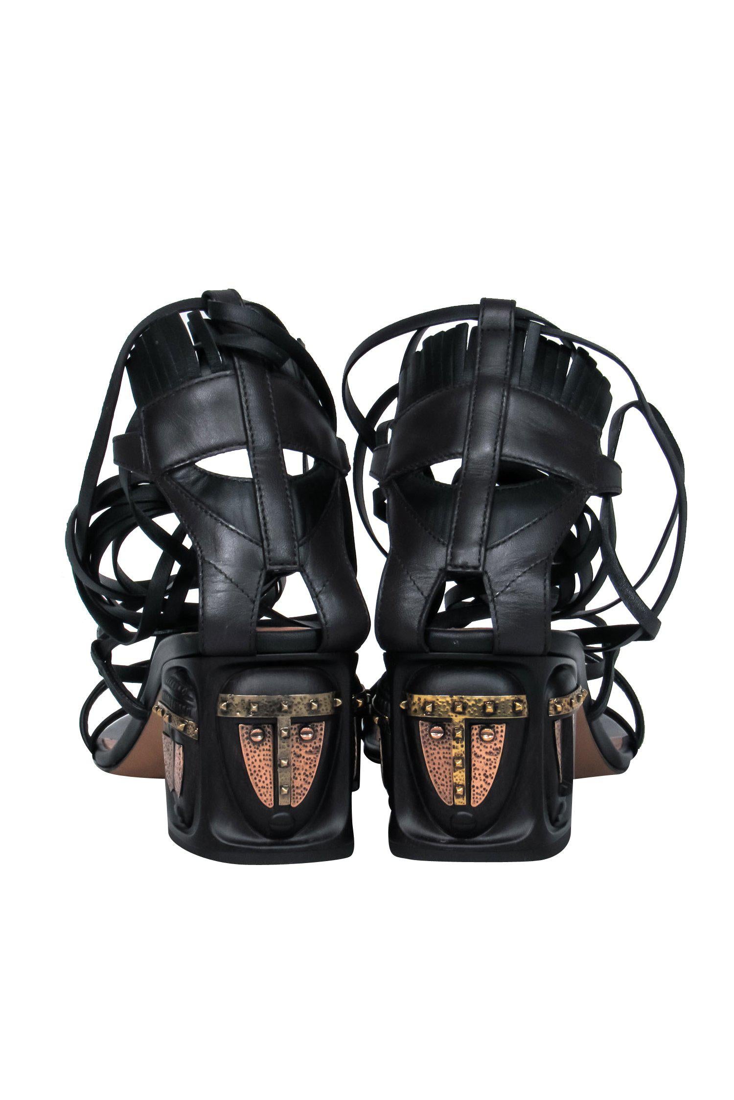 Valentino's Tribal-Inspired Black Leather Lace-Up Block Heel Pumps - Size 7