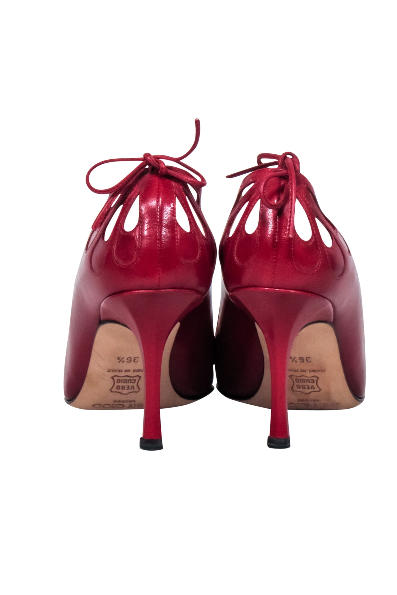 Jimmy Choo Red Leather Pointed-Toe Lasercut Bow Pumps - Size 6.5