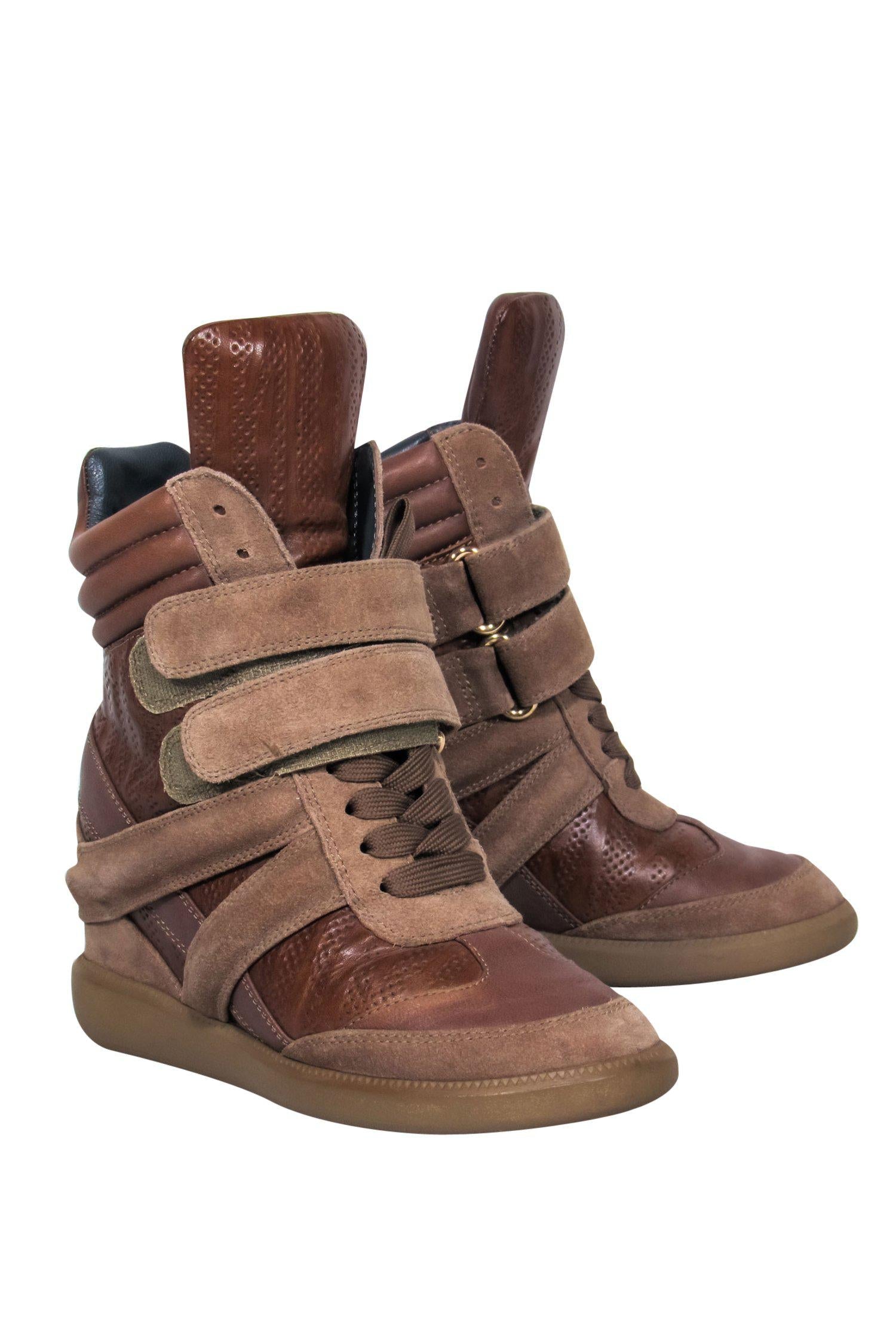 Monika Chiang - Stylish Brown Perforated Leather & Suede High Top Sneakers, Size 6