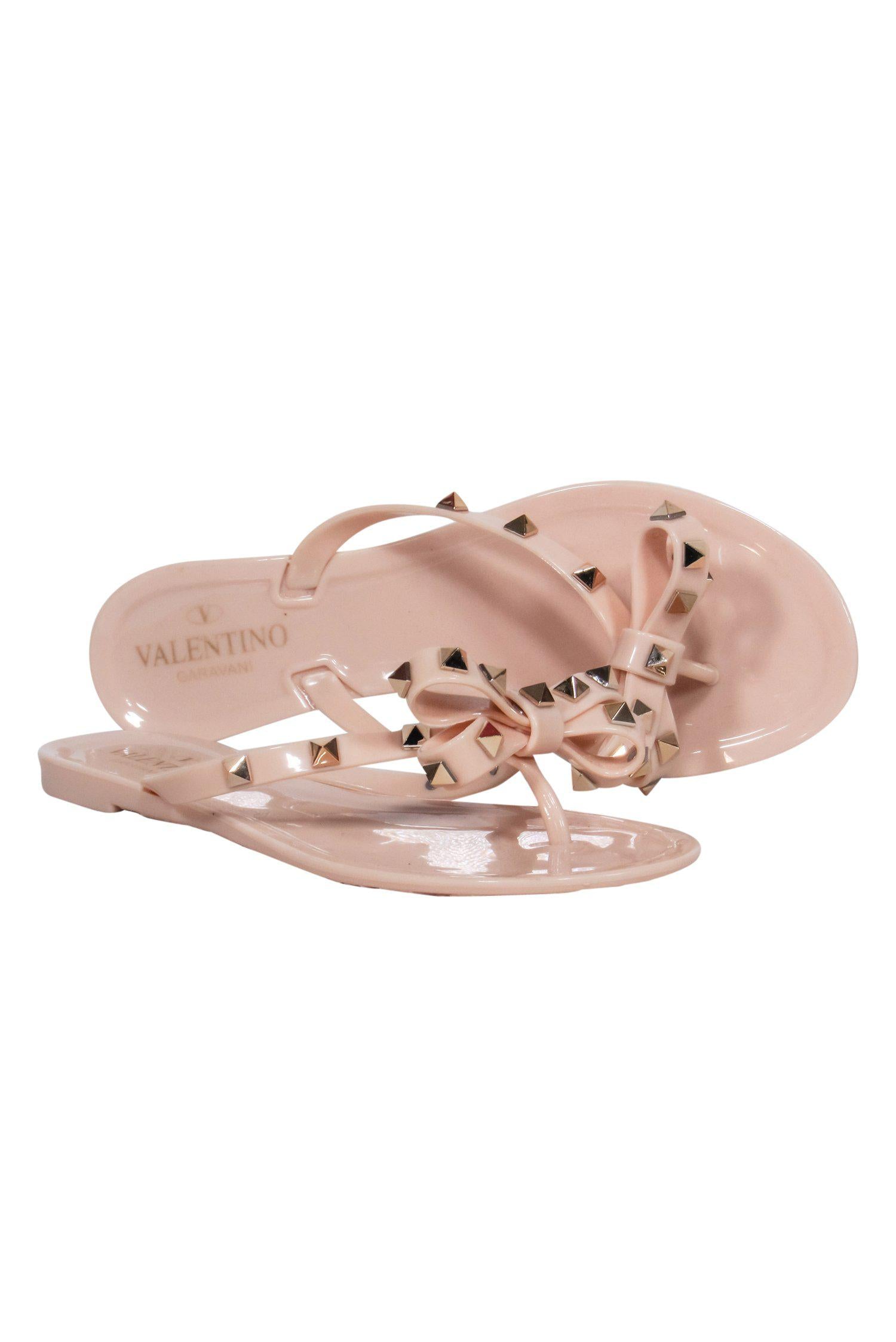 Valentino's Stunning Pink Jelly Thong Sandals with Bow & Gold Studs - Size 7