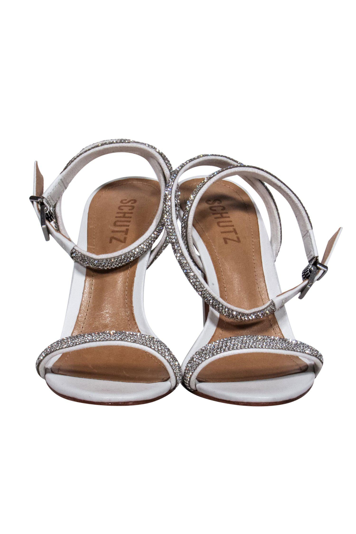 Schutz Jeweled White Ankle Strap Open Toe Pumps - Size 6