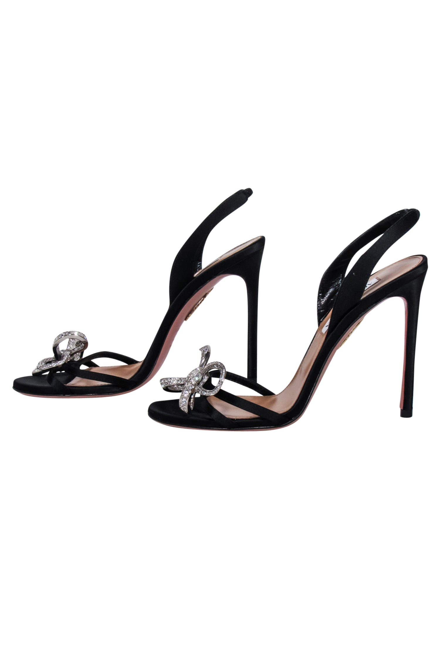Aquazzura Black Satin Embellished Bow Heeled Sandals - Size 8