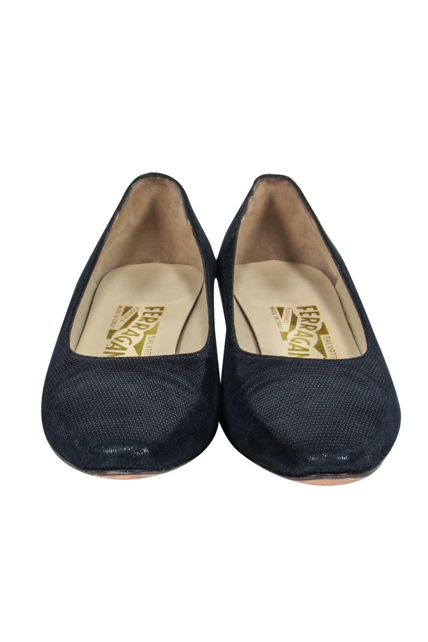 Ferragamo Navy Textured Shimmer Kitten Heels - Size 8: A Must-Have for Office Elegance