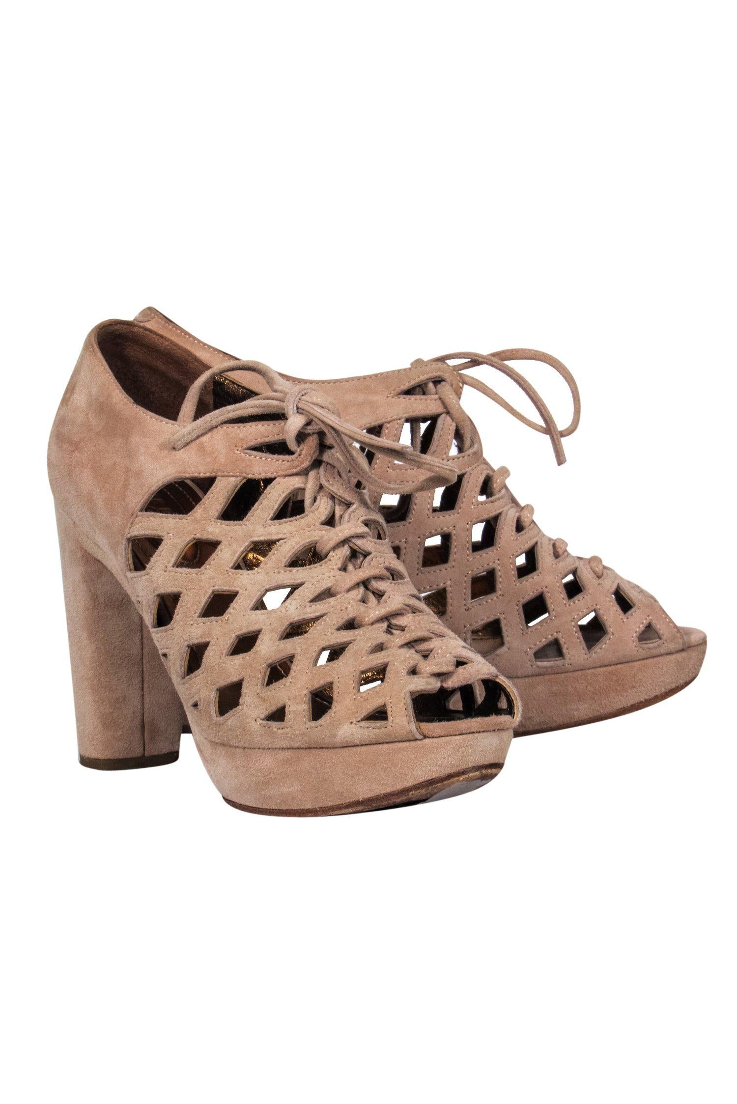 See by Chloe Beige Suede Lattice Cutout Heels - Size 9: A Fashion Must-Have!