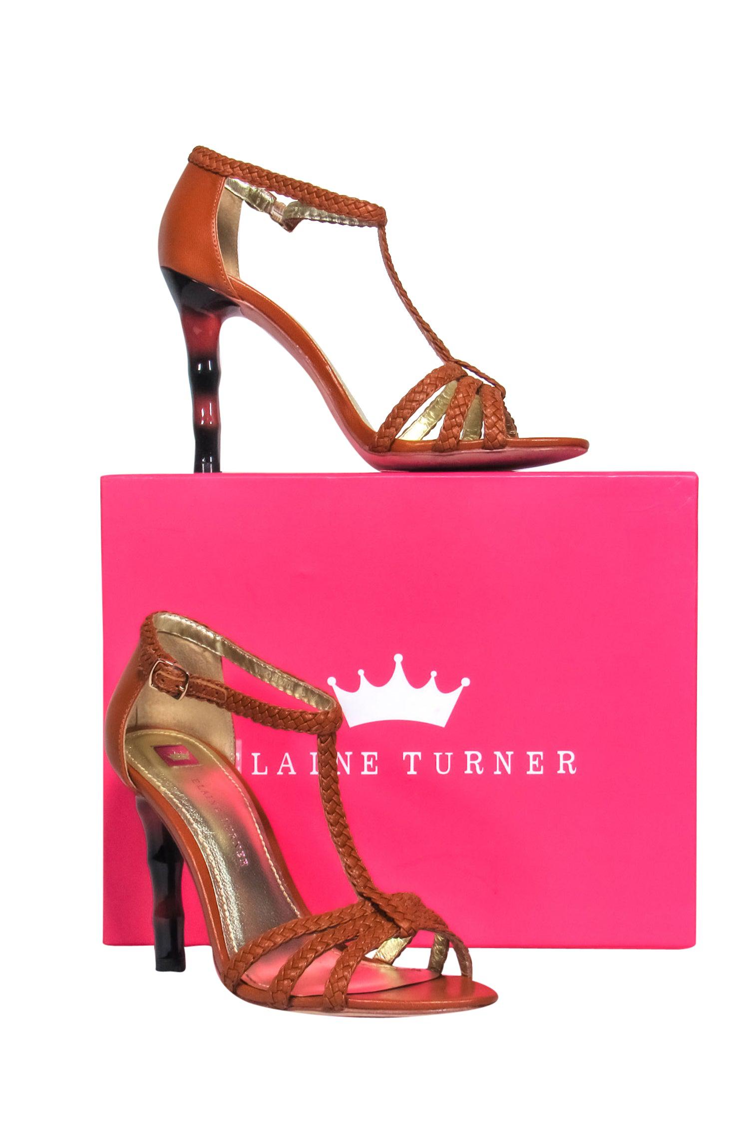 Elaine Turner Cognac Brown Braided Briana T-Strap Heels - Size 8, Stunning Carved Heel!