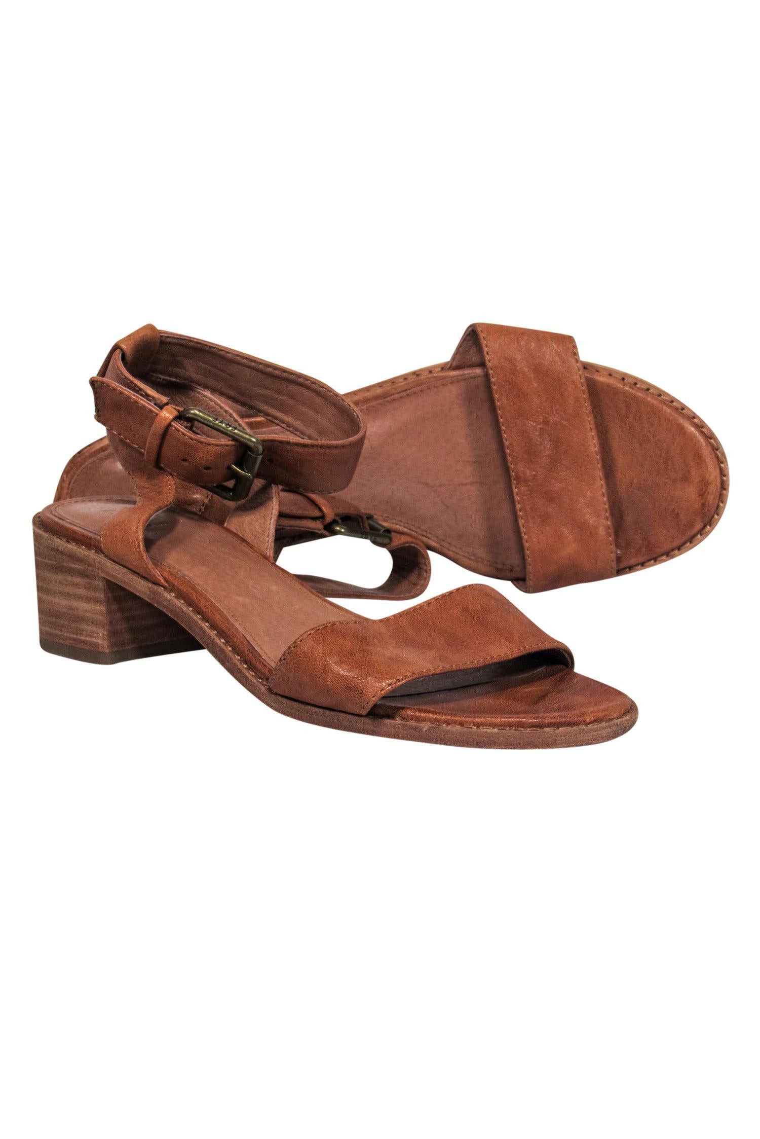 Frye Brown Leather Ankle Strap Heeled Sandals - Size 8, Perfect for Summer!