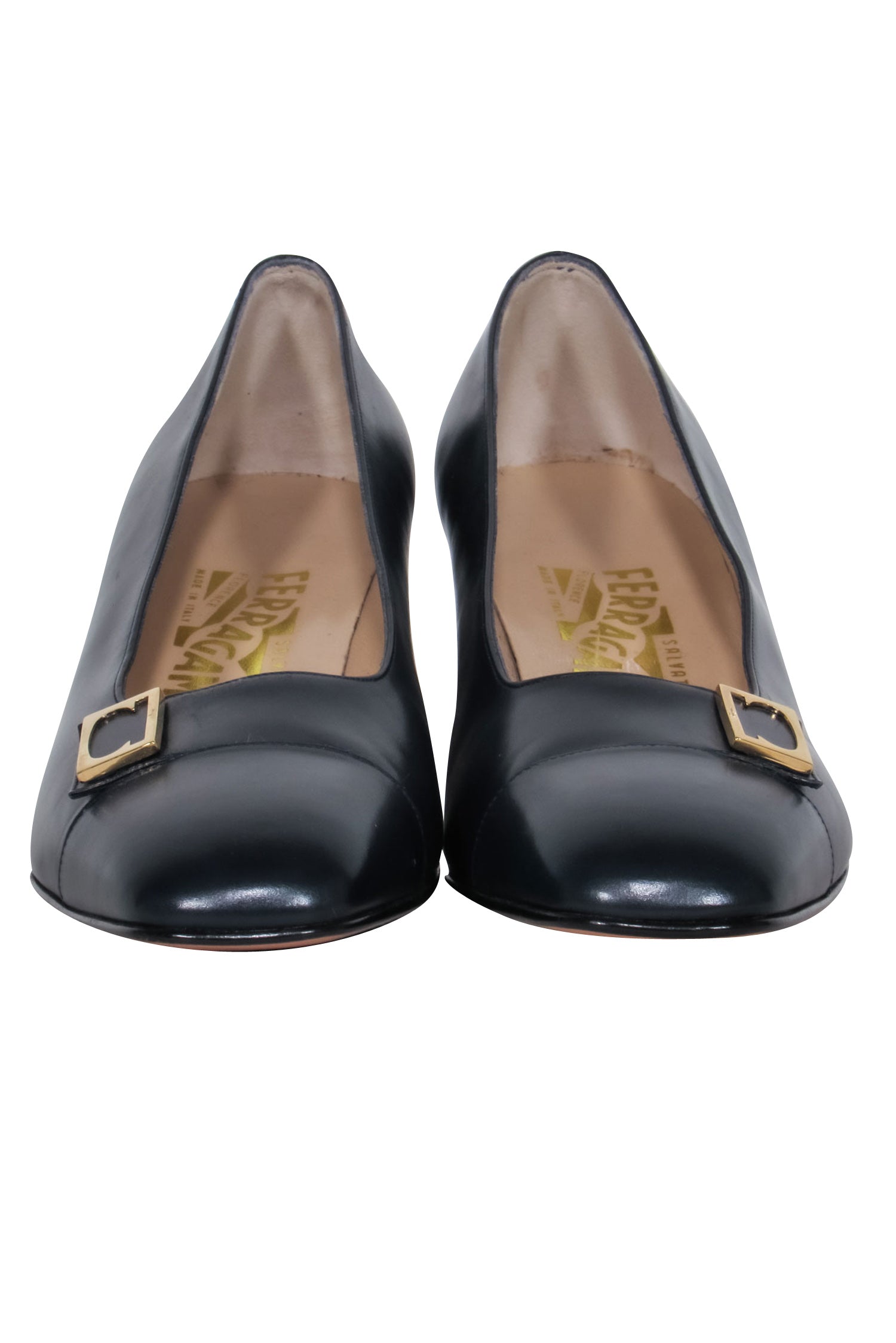 Ferragamo Navy Classic Pumps with Gold Toe Detail - Size 8