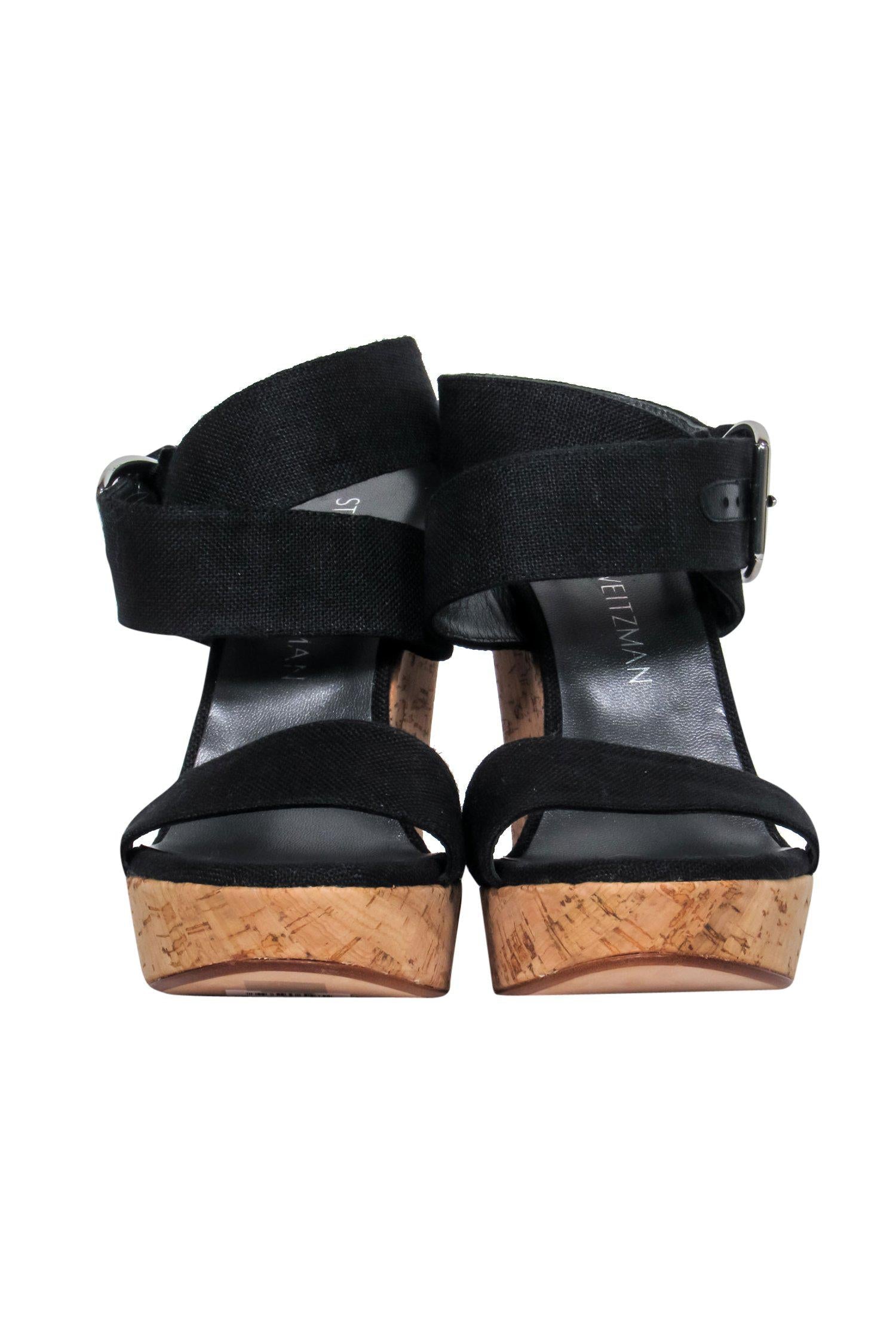 Stuart Weitzman's Chic Black Strappy Cork Platform Wedges - Size 7.5