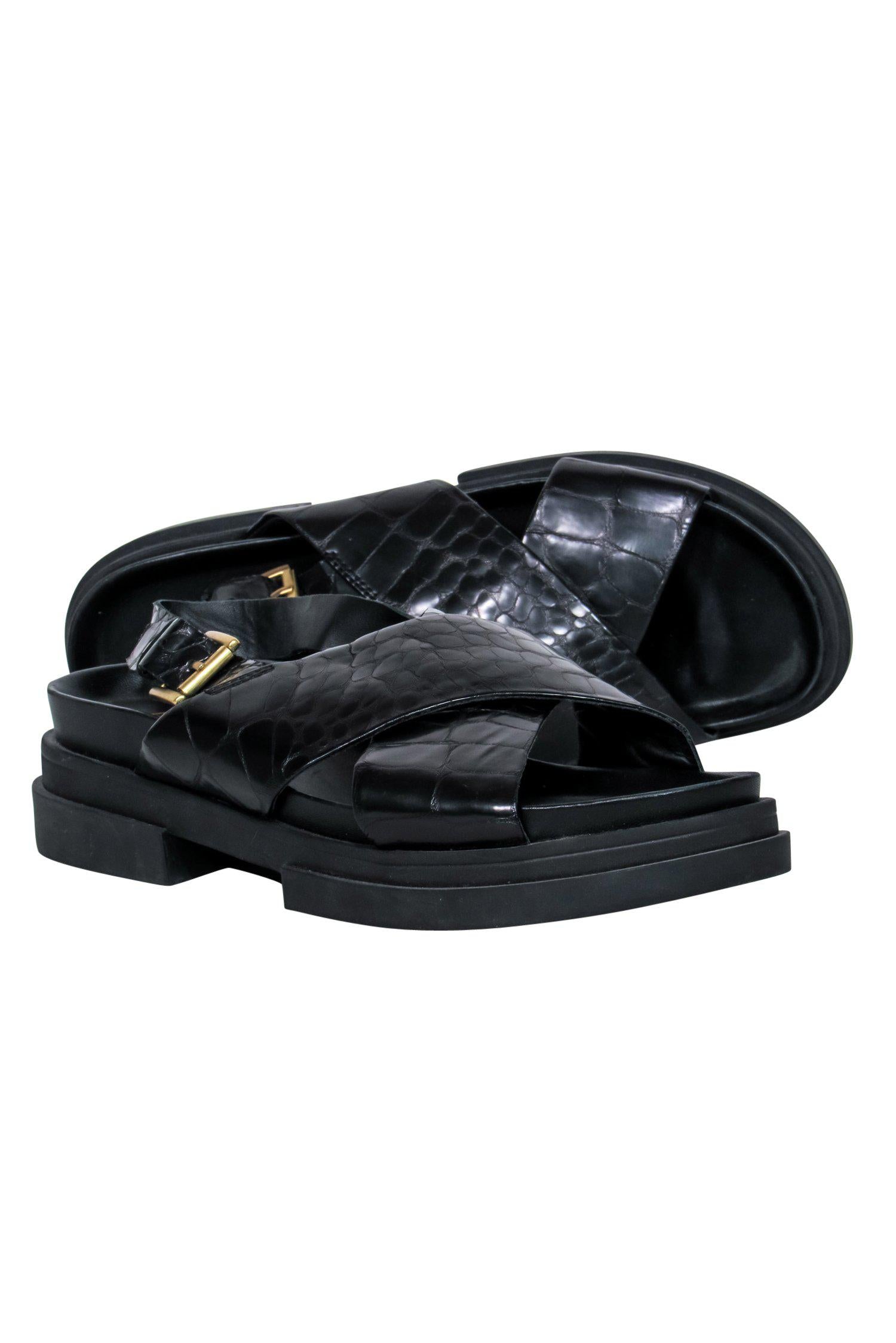 Ash Black Leather Reptile - Embossed Platform Sandals in Size 9 - Safari Chic!
