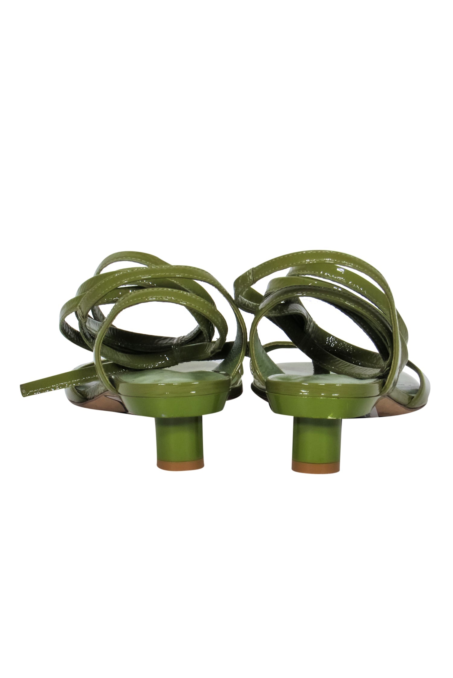 Tibi Avocado Green Patent Leather Strappy Square Toe Heeled Sandals - Size 7.5