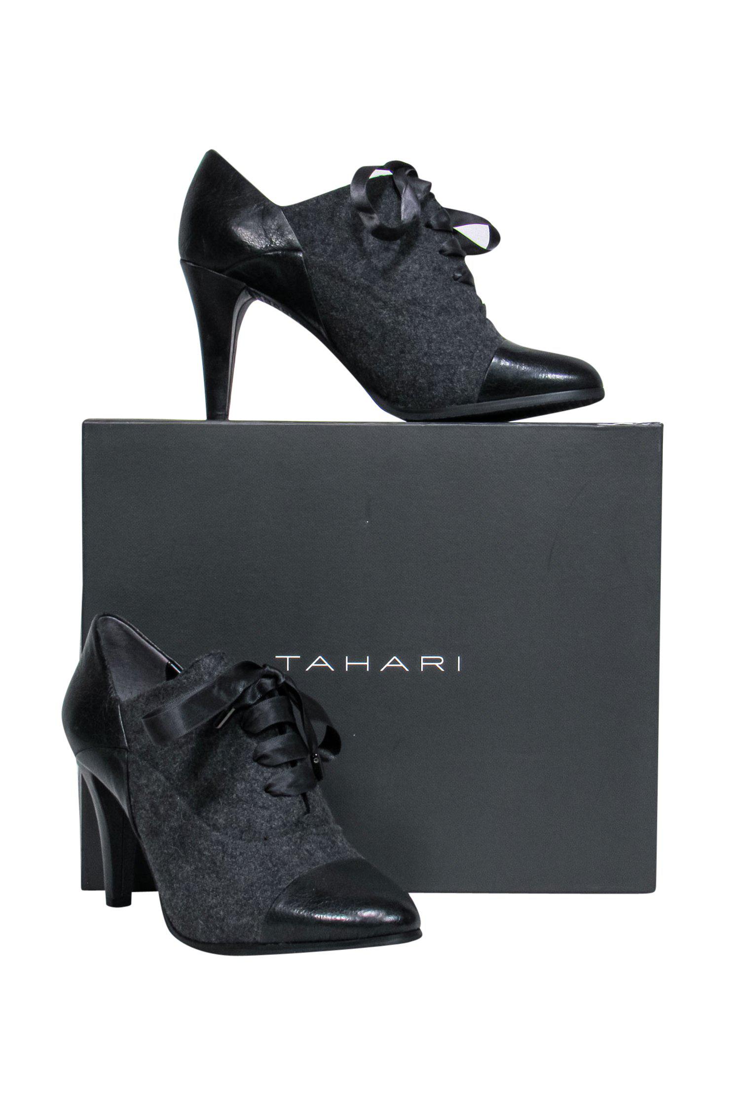 Tahari's Stylish Black Leather & Felt Lace-Up Pumps - Size 6