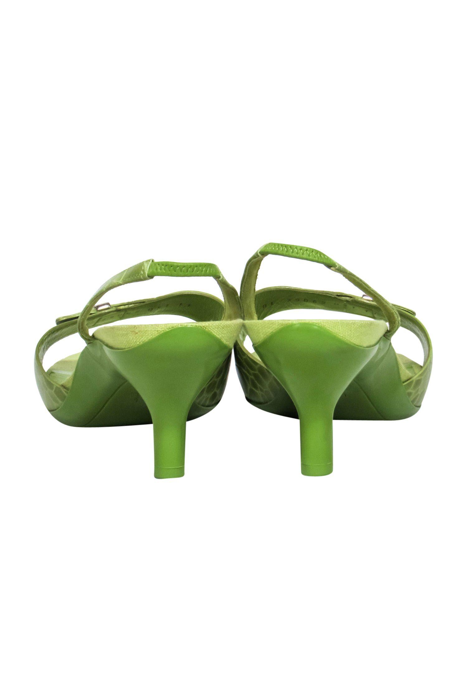 Ferragamo Light Green Reptile Embossed Slingback Kitten Heels - Size 11