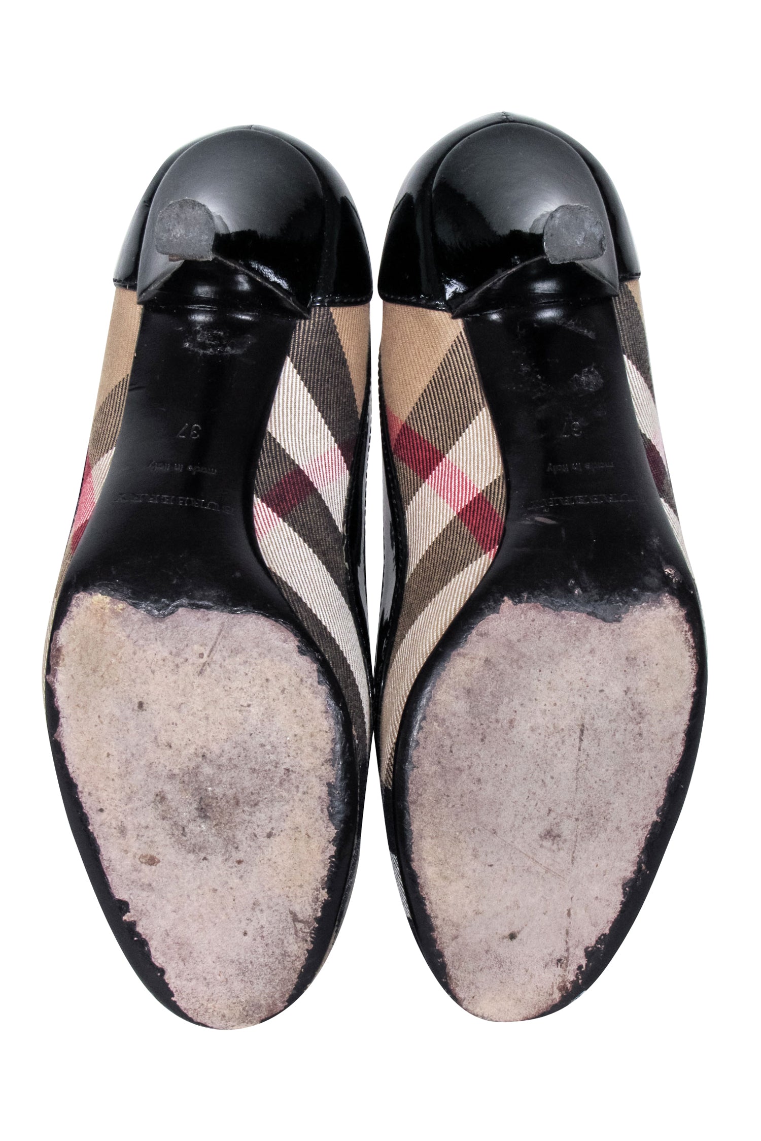 Burberry's Stylish Black, White & Beige Plaid Patent Leather Heels - Size 7