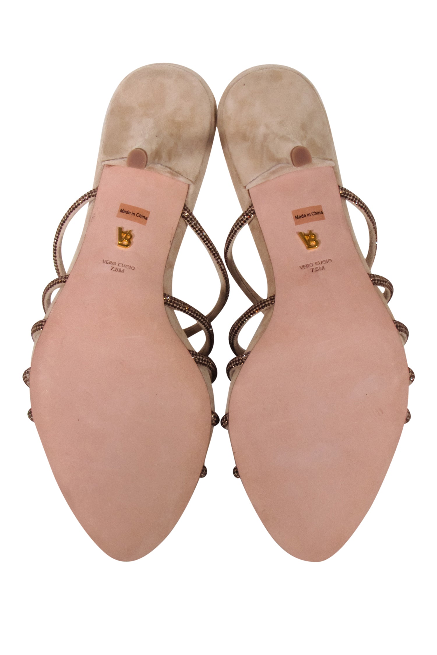 Veronica Beard Beige Suede Open - Toe Pumps with Bronze Jewel Straps, Size 7.5