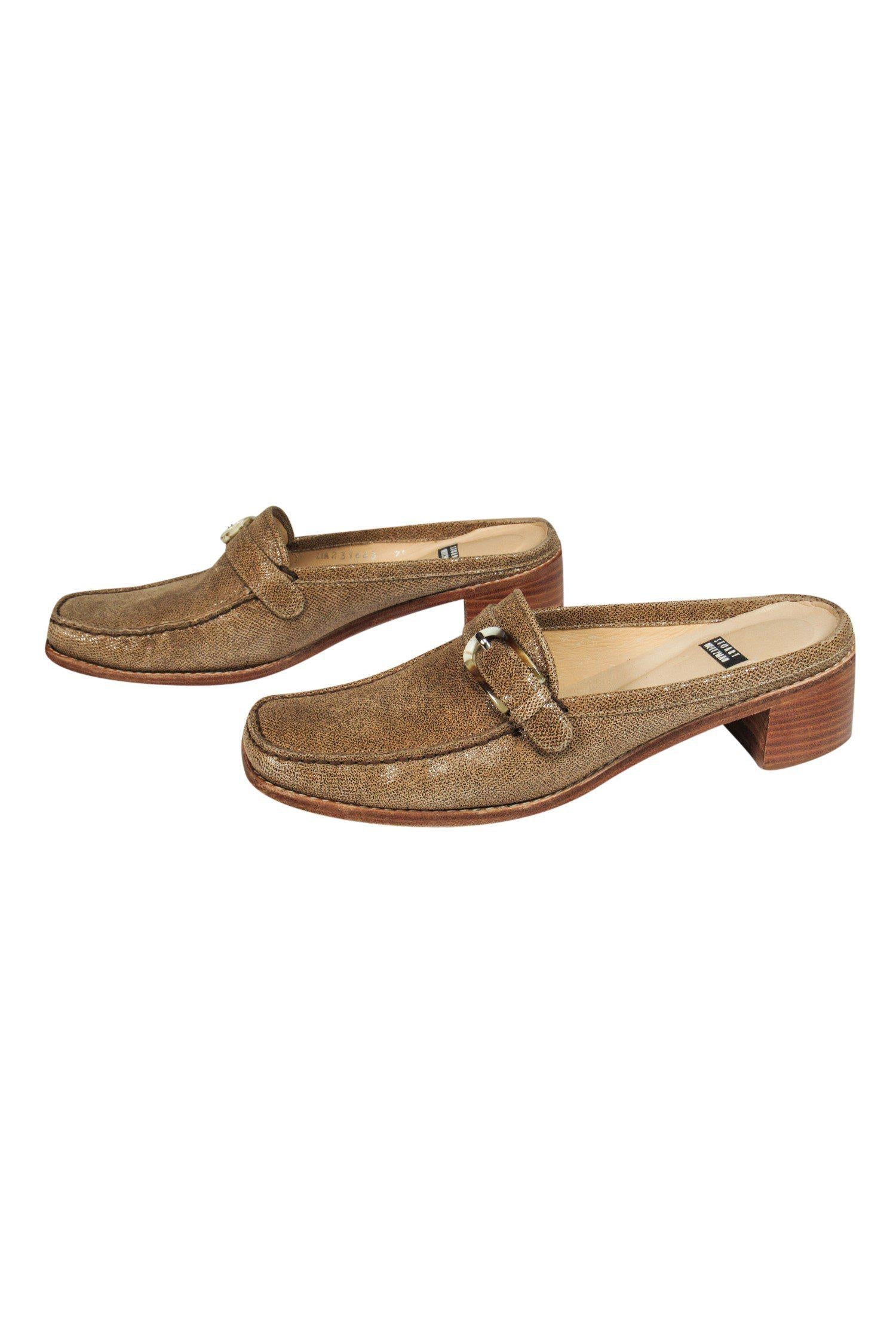 Stuart Weitzman Tan Leather Block Heel Mules - Size 7.5: A Must-Have for Every Wardrobe!