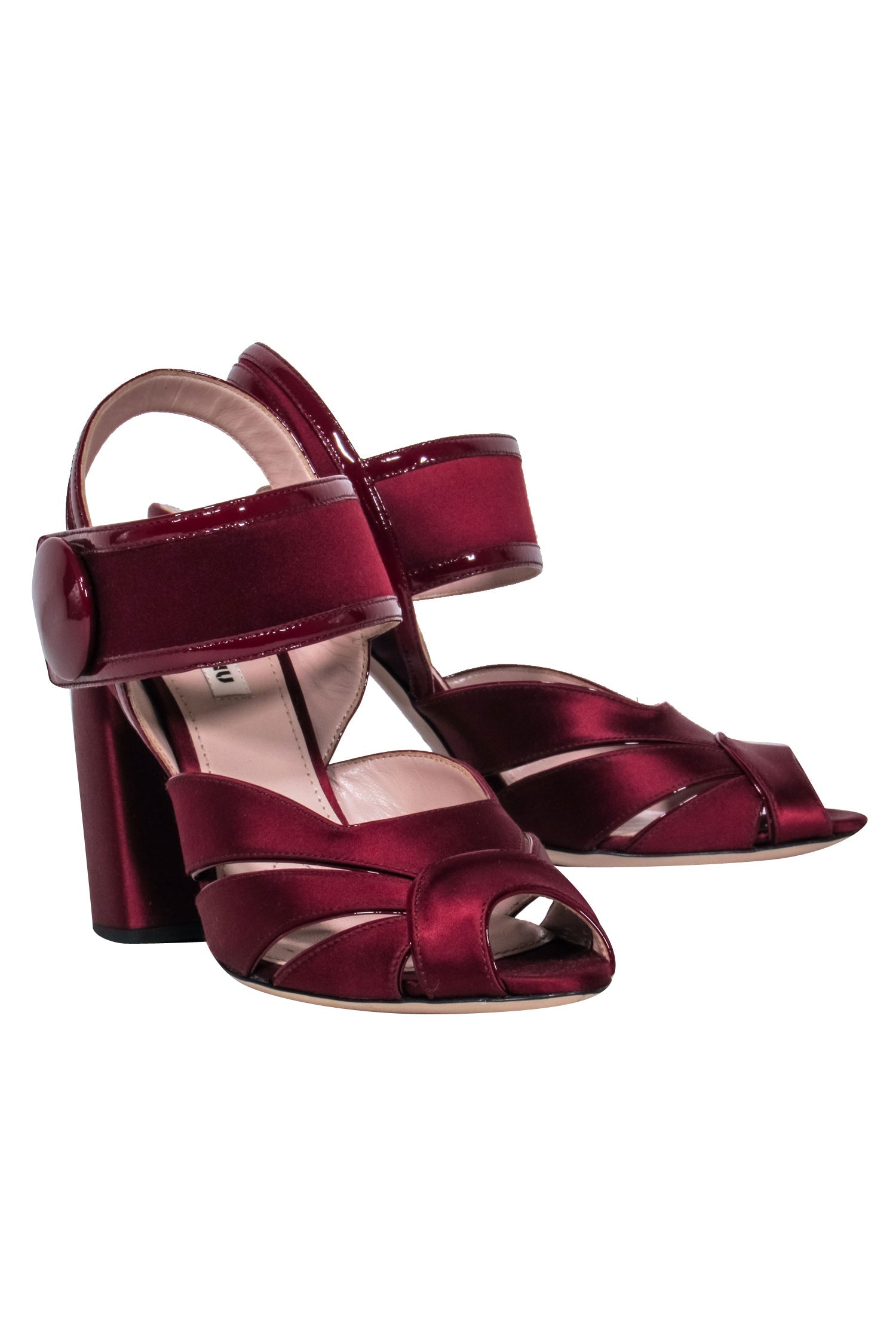 Miu Miu Maroon Satin Chunky Heel Sandals - Size 7.5