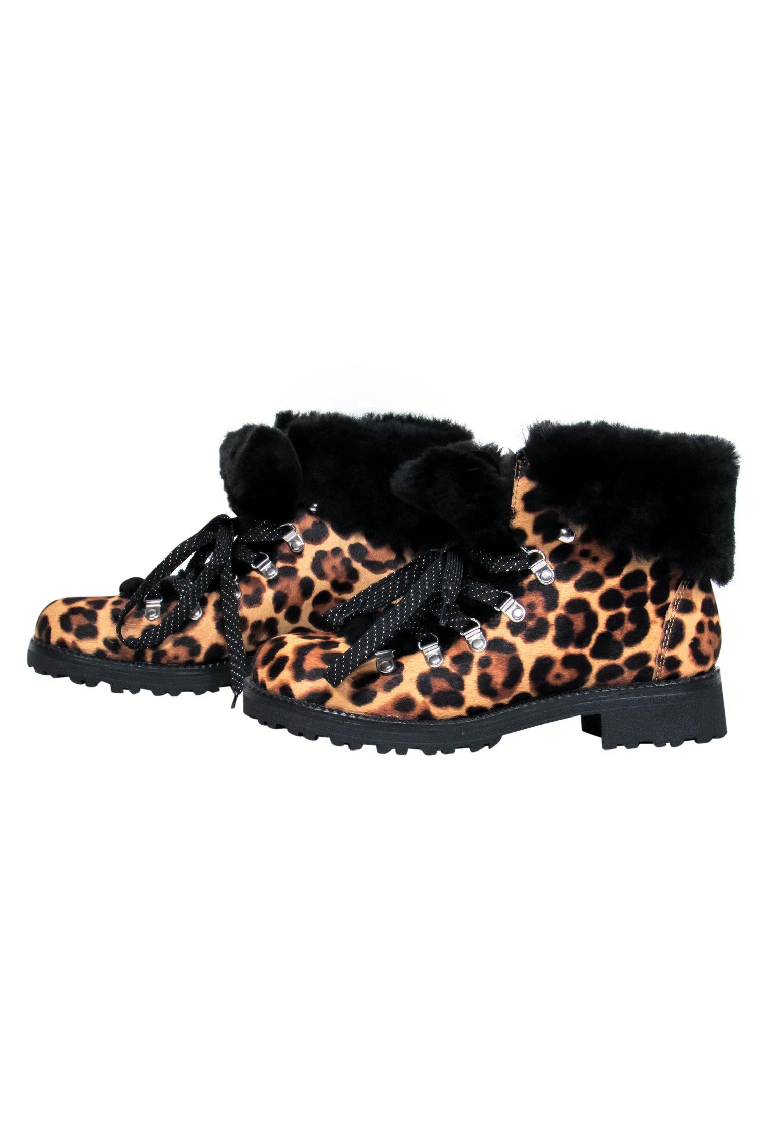 J.Crew Tan & Black Leopard Print Calf Hair Shearling Trim Combat Boots - Size 9