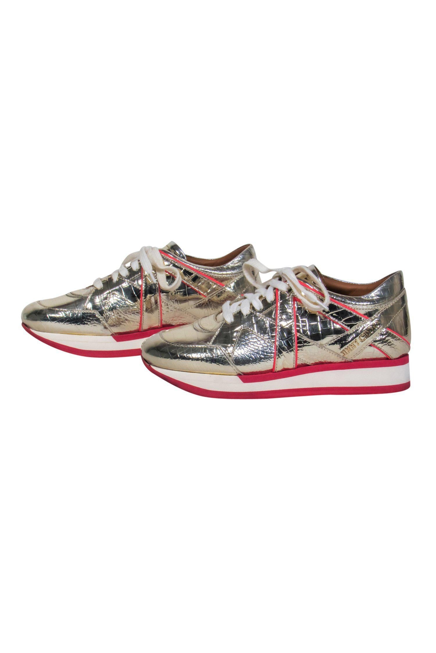 Jimmy Choo Gold Reptile-Embossed Lace-Up Platform Sneakers with Pink Trim - Size 5.5