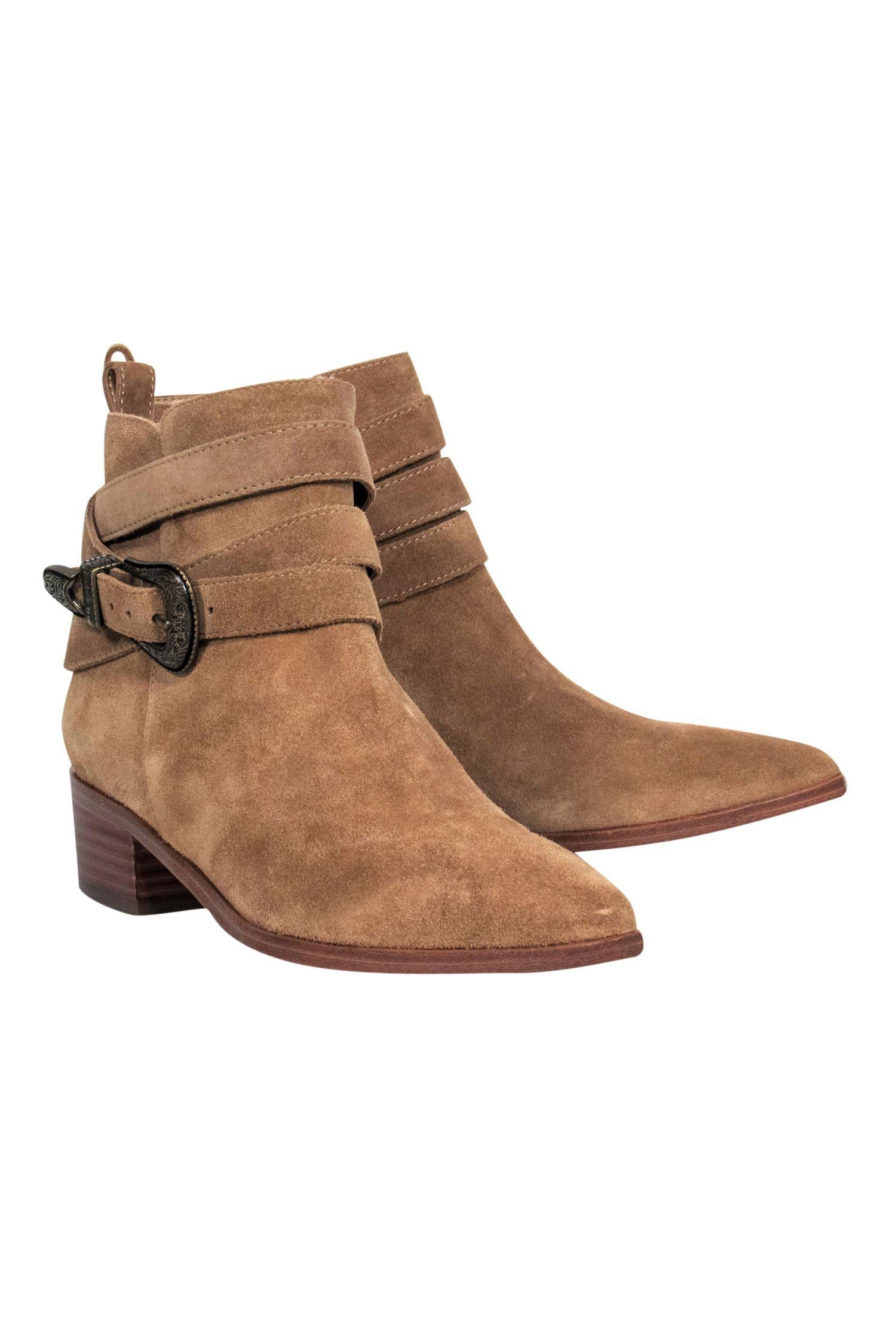 Marc Fisher Tan Suede Pointed Toe Western Ankle Booties - Size 6.5: Chic Southwest Style!