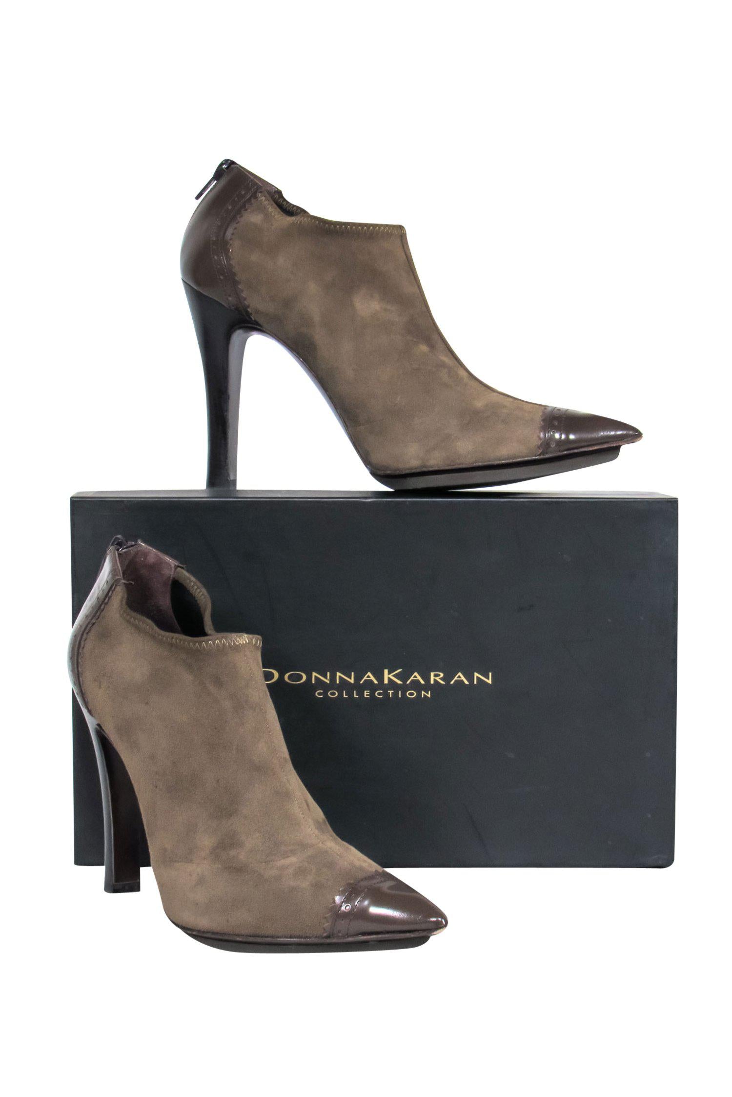 Donna Karan's Stunning Taupe & Brown Suede Heeled Booties with Patent Leather Trim - Size 7