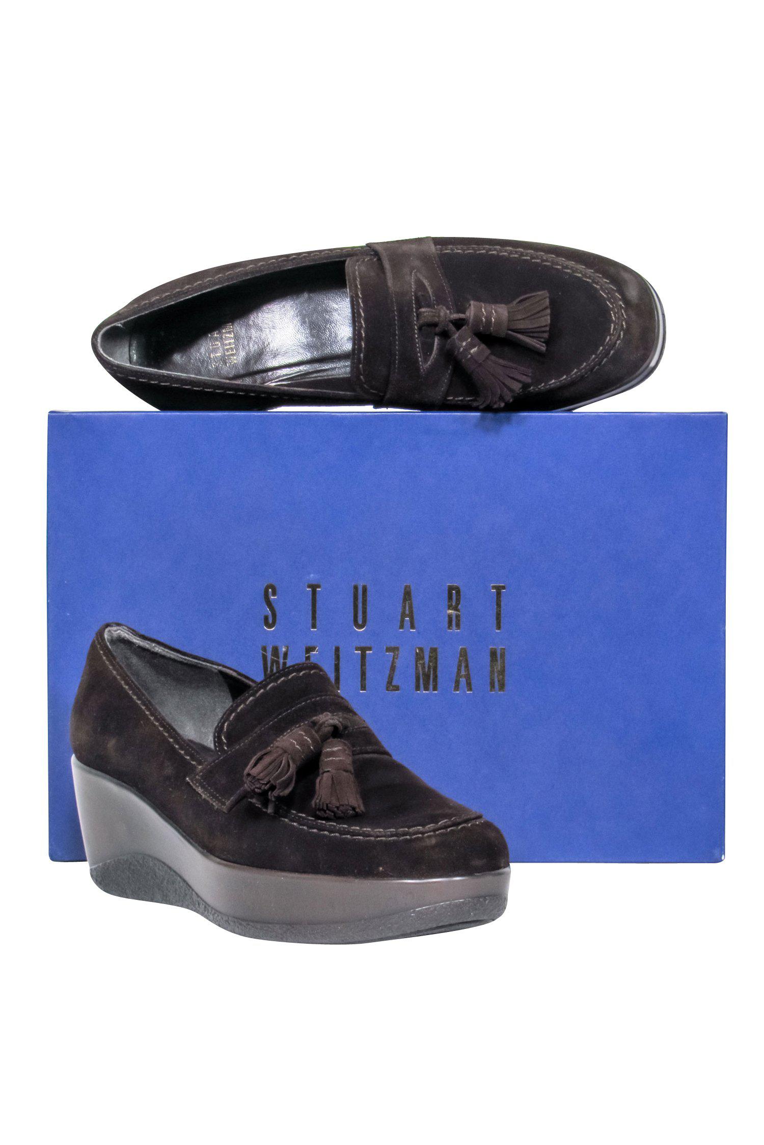 Stuart Weitzman's Edgy Brown Suede Platform Wedge Loafers - Size 6
