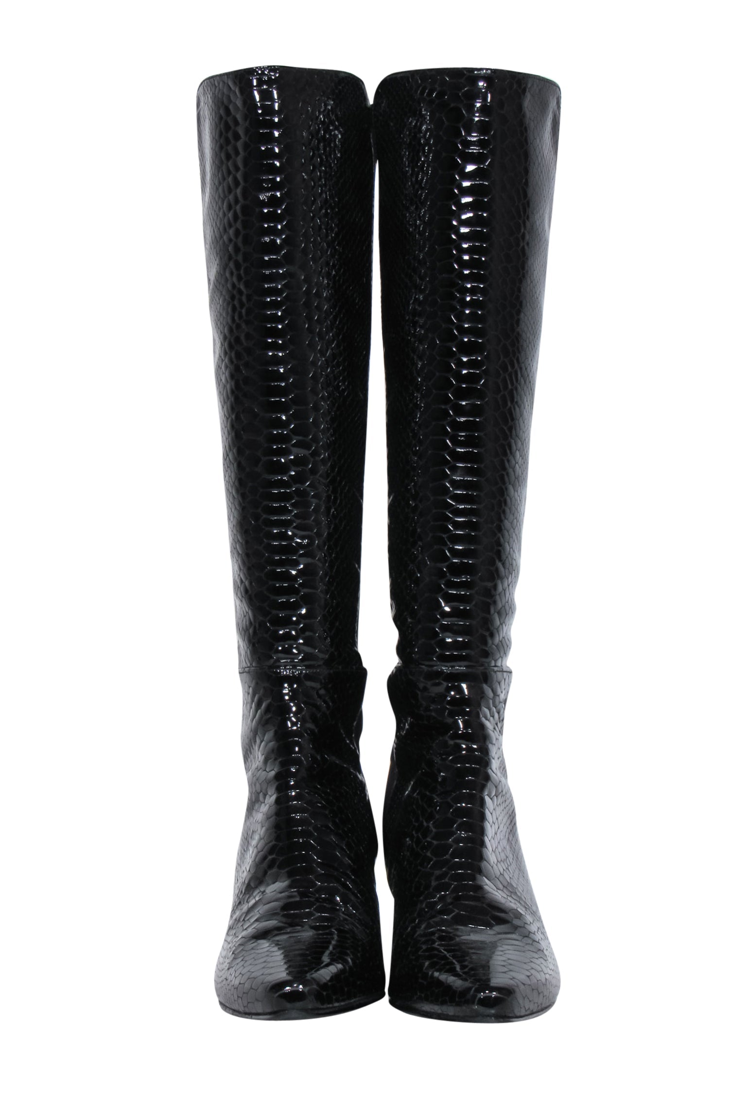 Stuart Weitzman's Alluring Black Reptile - Embossed Patent Leather Boots, Size 9
