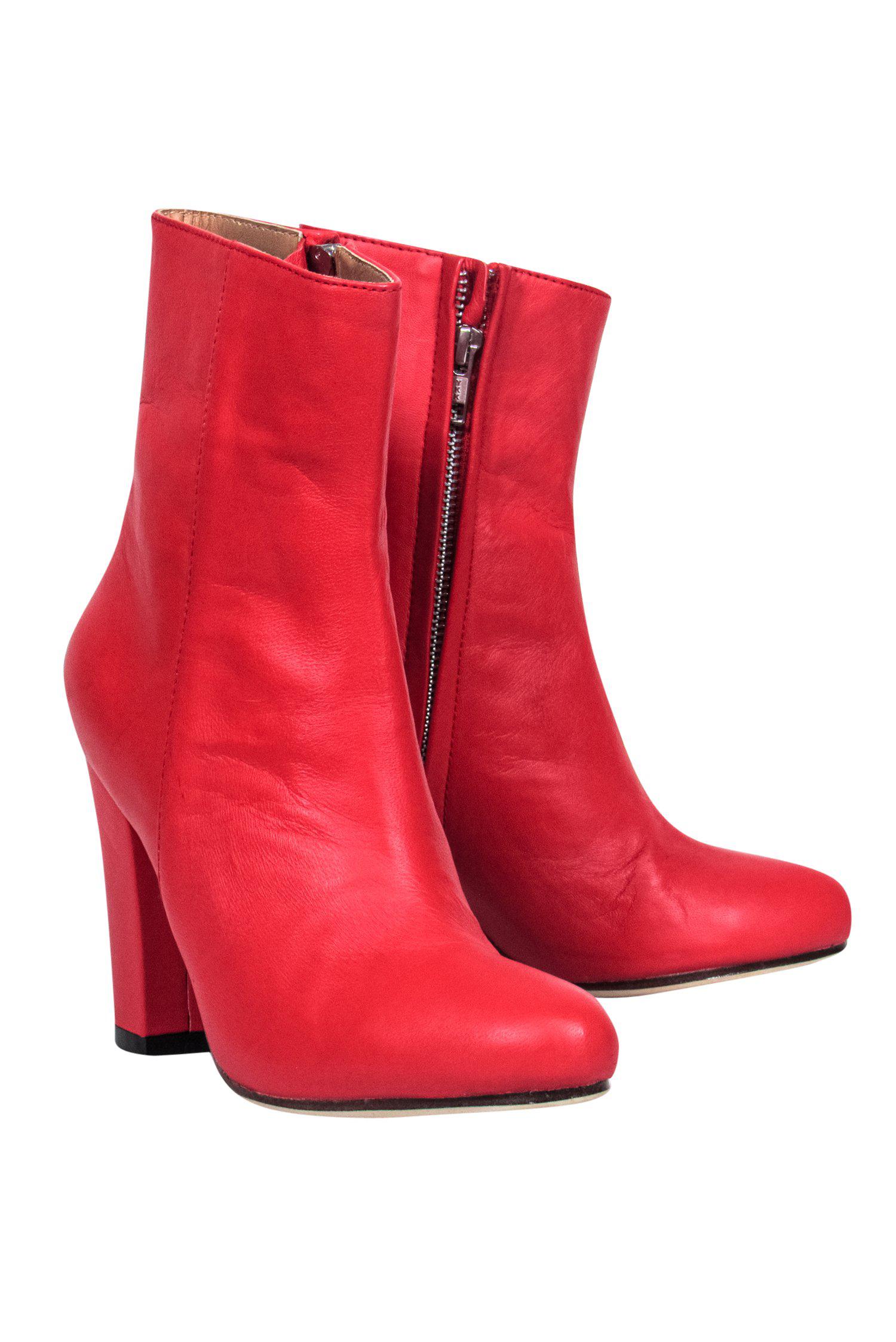 James Smith Fiery Red Leather Block Heel Booties - Size 7