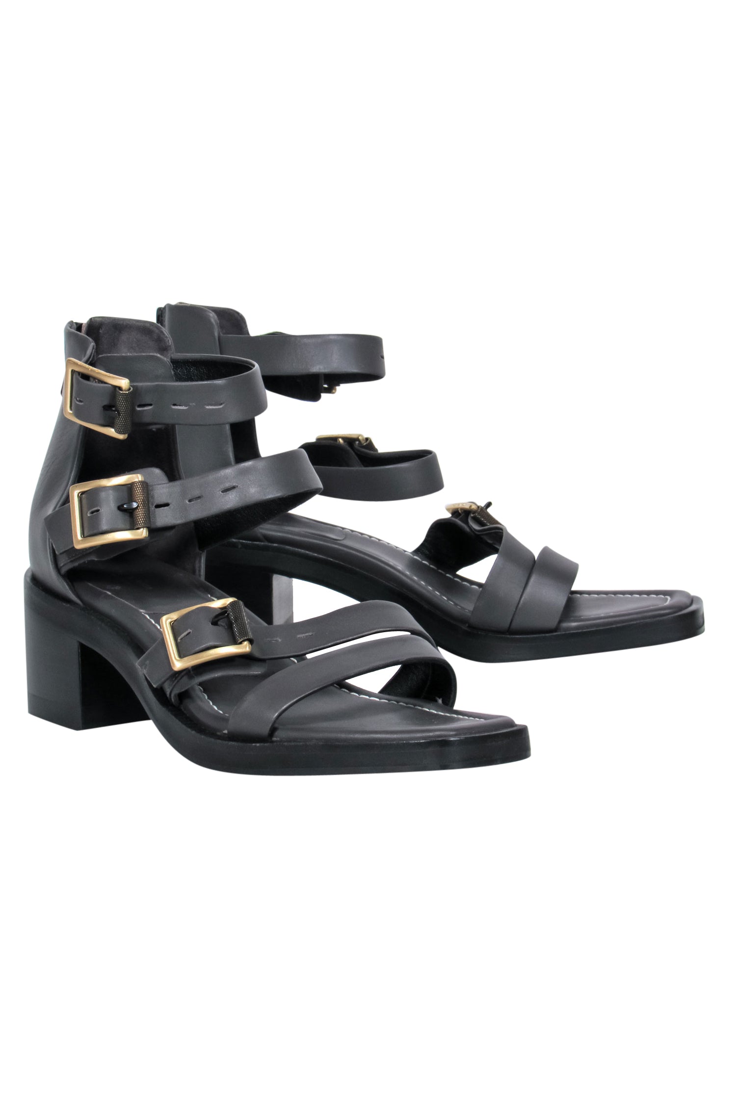 Rag & Bone Dark Grey Leather Buckled Heeled Sandals - Size 10
