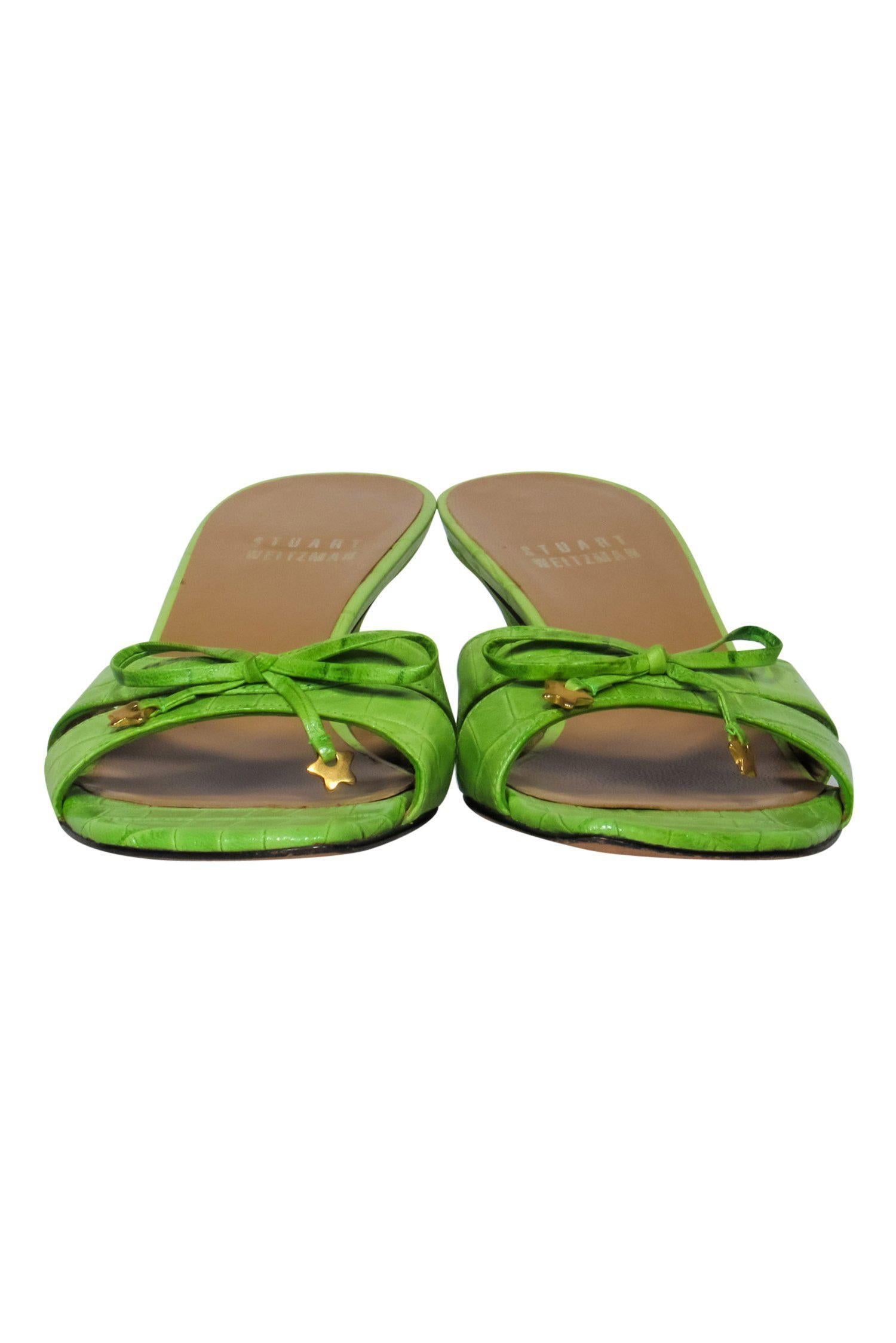 Stuart Weitzman Lime Green Reptile Embossed Slip-On Kitten Heels with Bow - Size 5.5