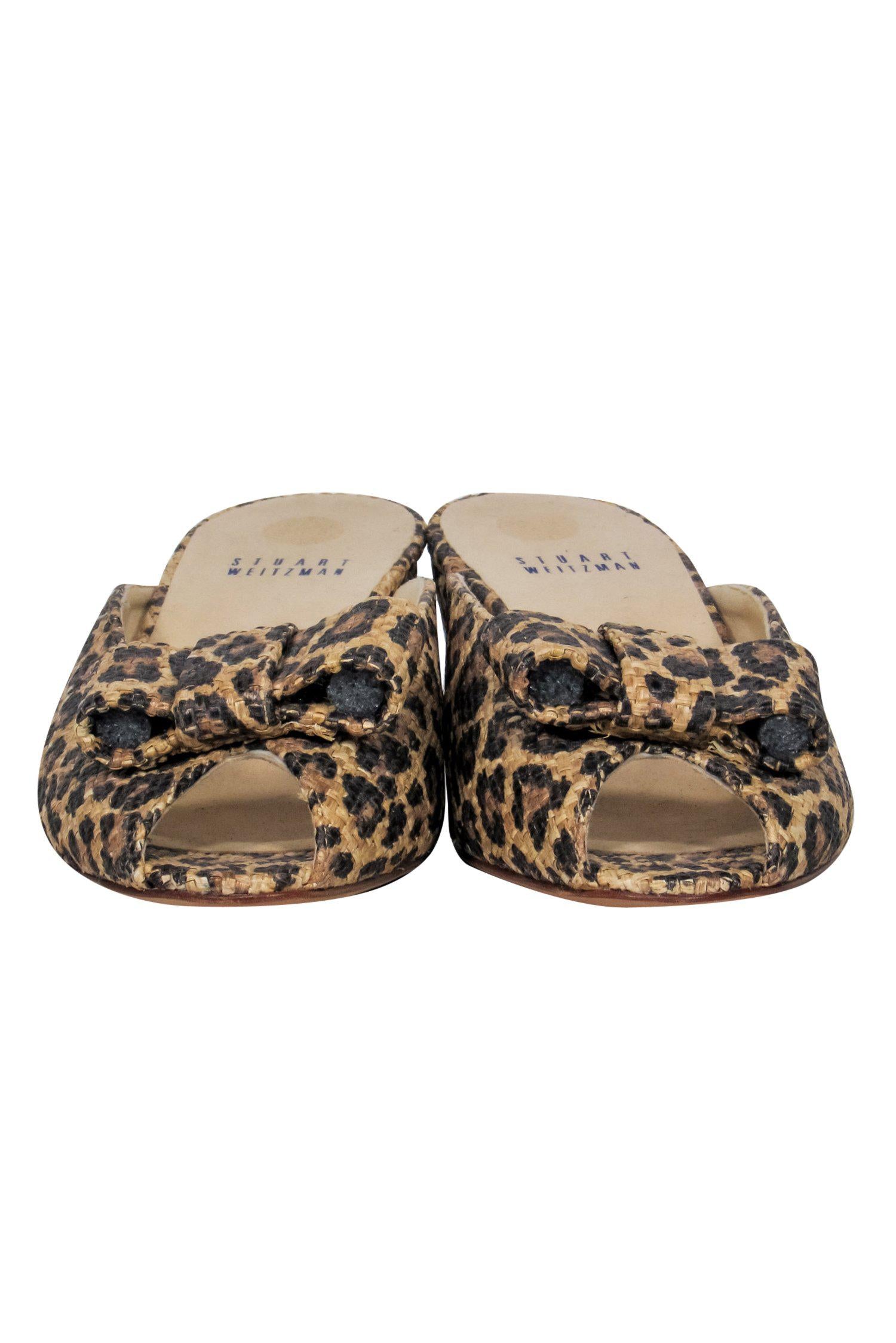 Stuart Weitzman Tan Leopard Print Woven Peep Toe Kitten Heels with Bow - Size 8: Unleash Your Fashion Fierceness!