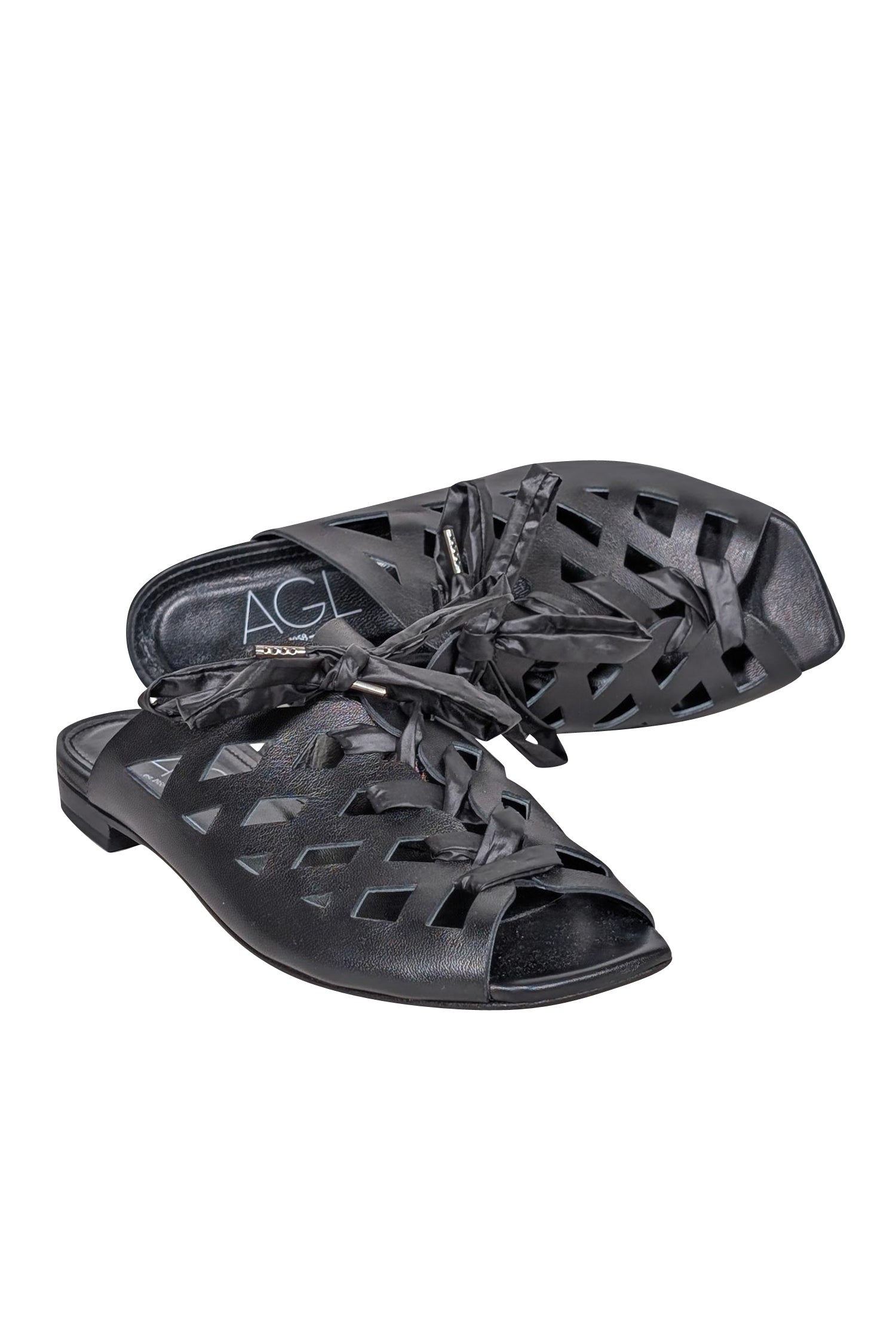AGL Black Laser Cut-Out Slide Sandals - Size 8