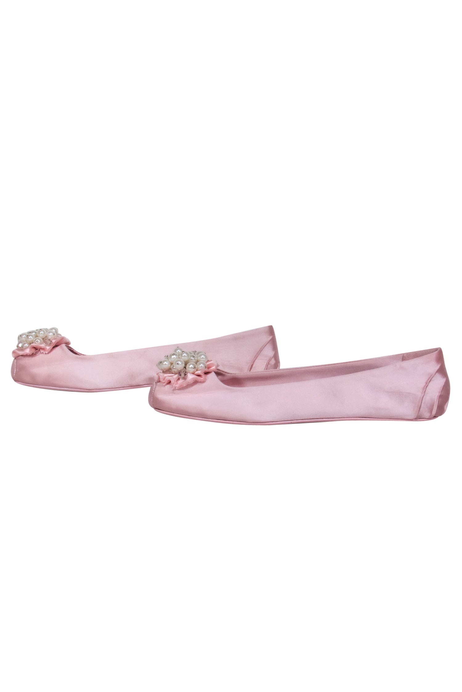 Kate Spade Baby Pink Satin Ballet Flats: Glamorous Ruffled, Pearl & Crystal Delight, Size 9.5