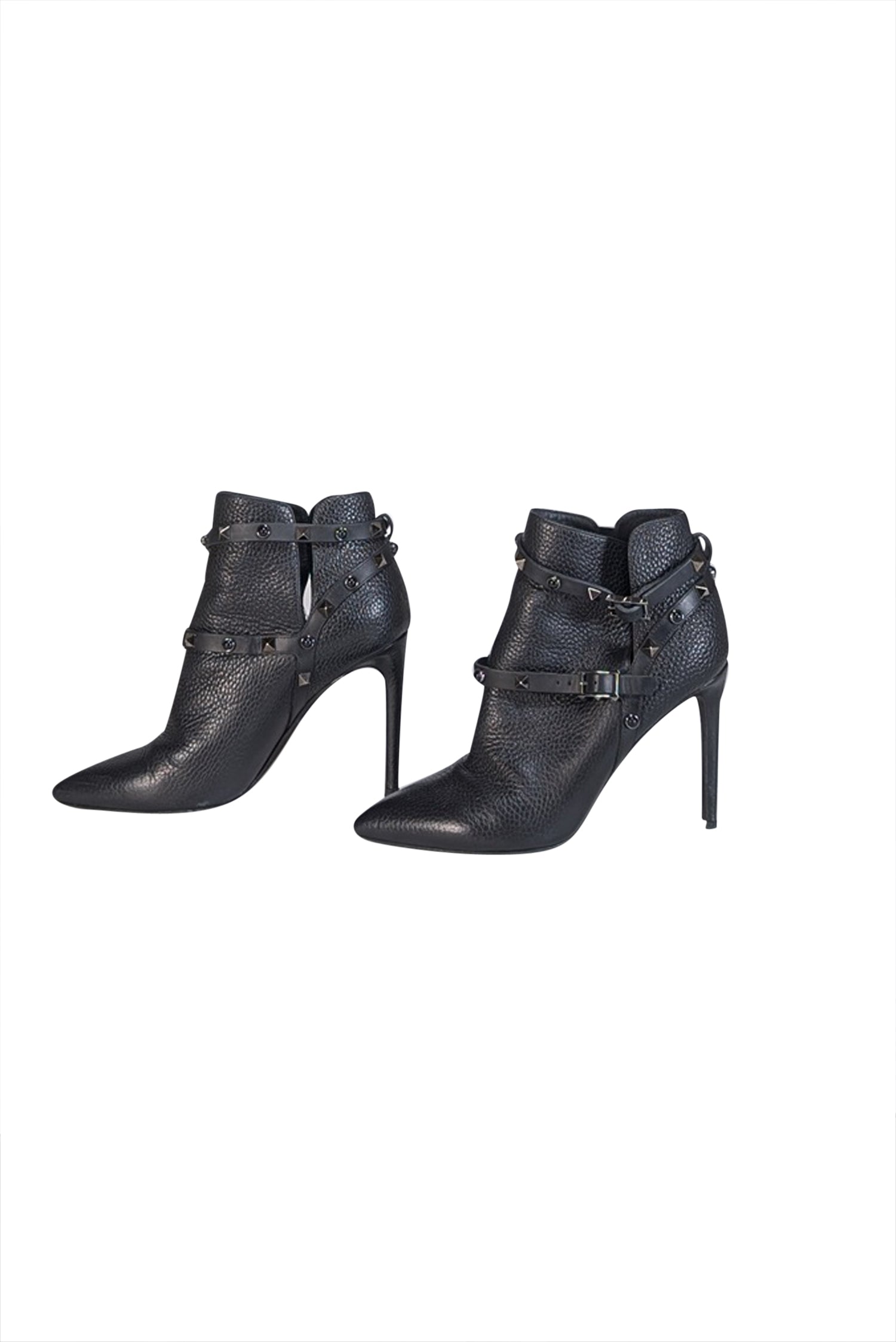 Valentino's Edgy Black Pebbled Leather Studded Short - Heel Boots, Size 7