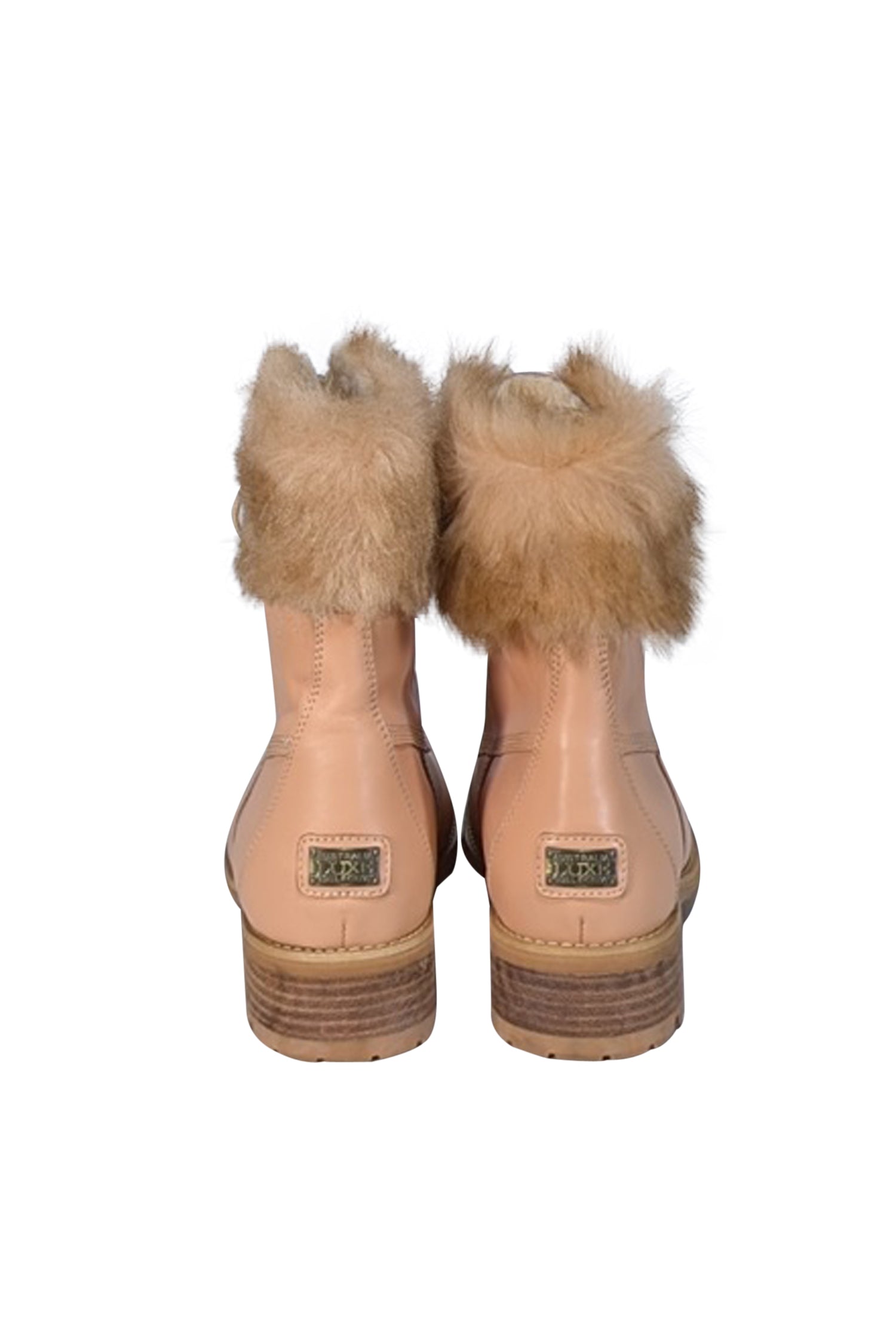 Australia LUXE Collective - Stylish Beige Leather Combat Boots with Sheep Fur Trim, Size 9