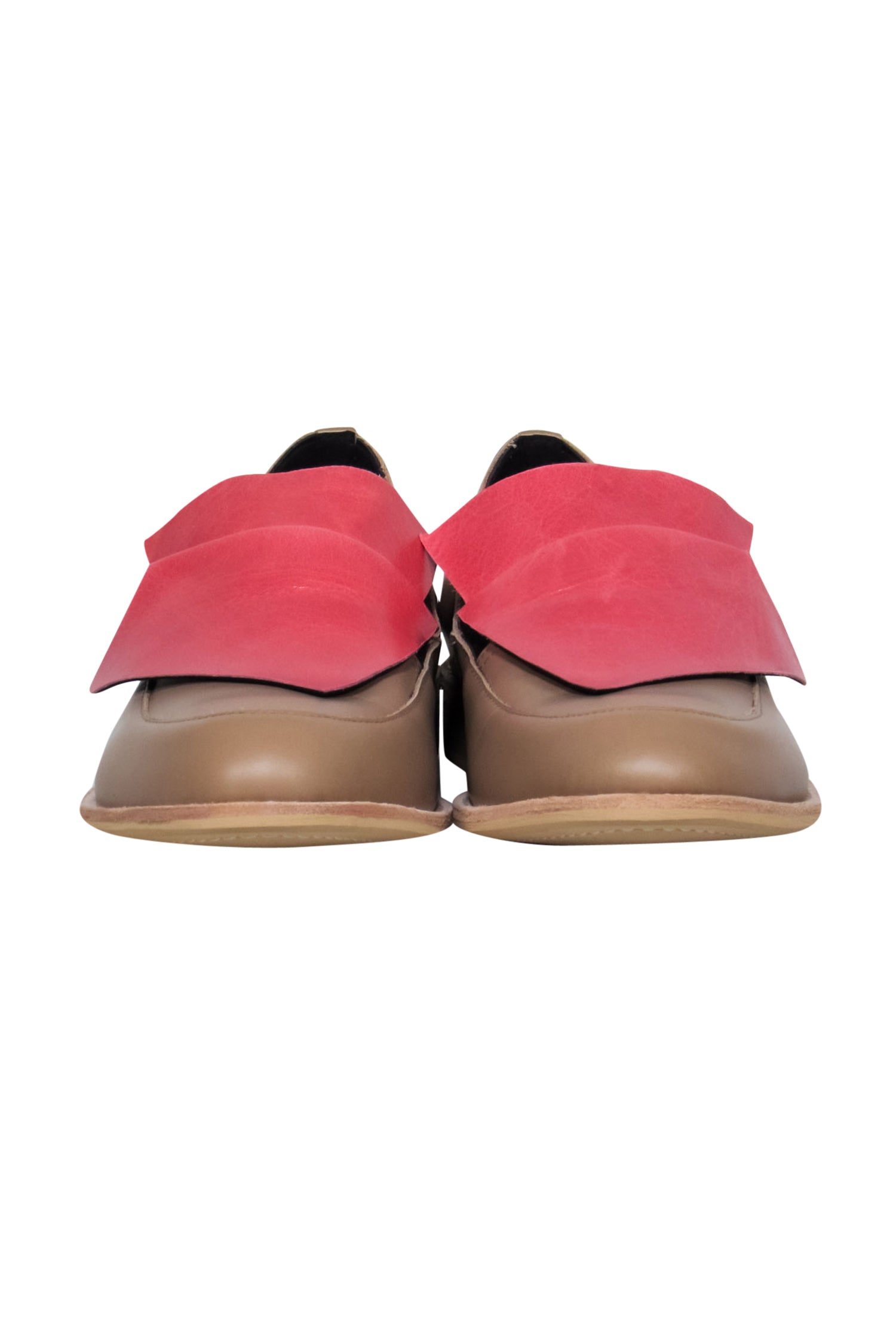 All Black Tan & Watermelon Pink Flap Design Flatbow Leather Loafers - Size 10