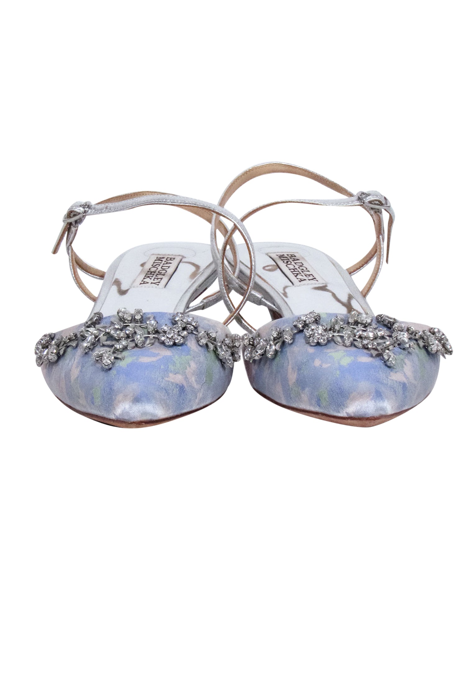 Badgley Mischka Blue Floral Brocade Strappy Jewel-Trim Pointed Toe Pumps - Size 8