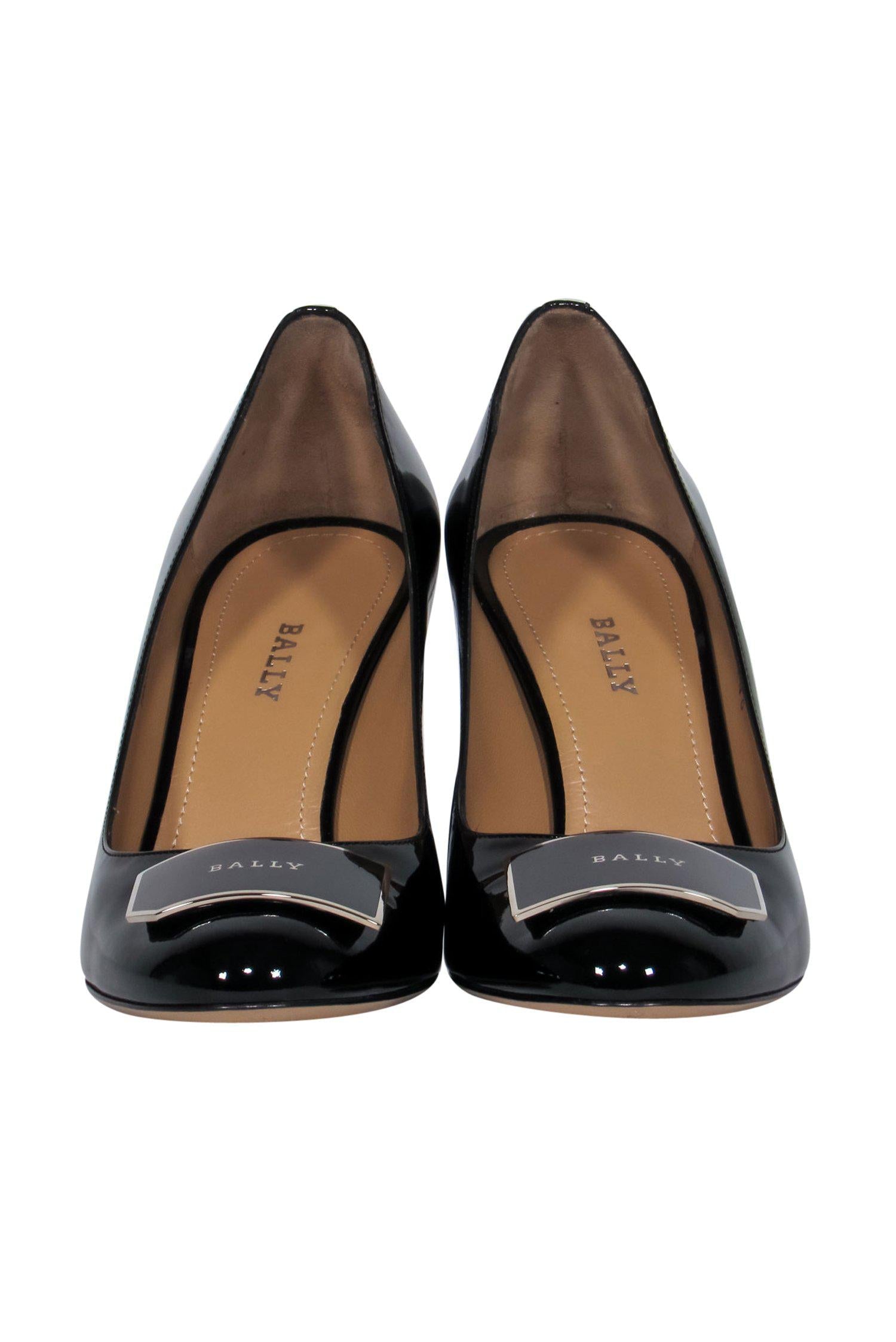 Bally - Stunning Black Patent Leather Harmoni Pumps with Logo Plate, Size 9.5