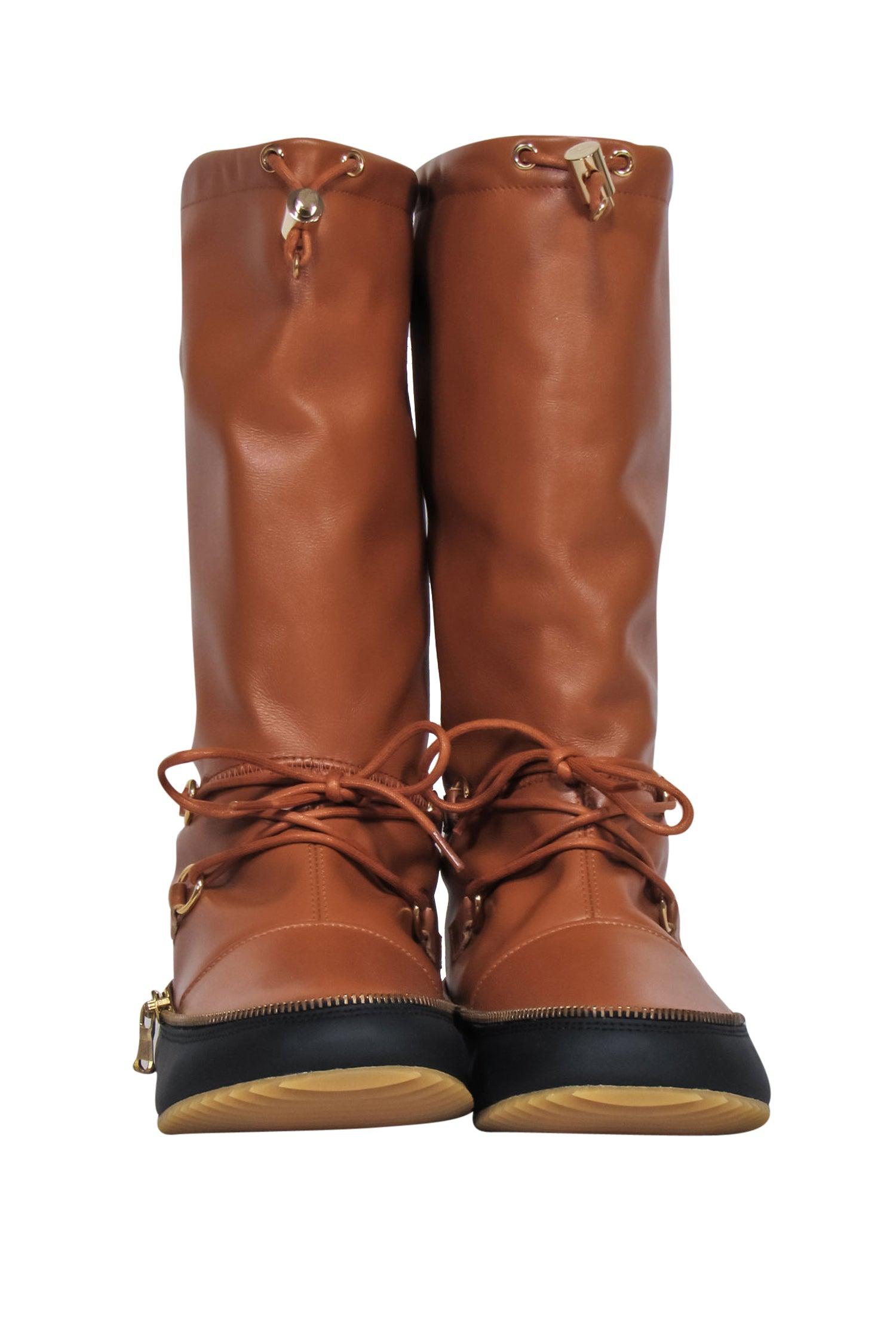JW Anderson Stylish Brown & Black Leather Calf High Snow Boots - Size 8
