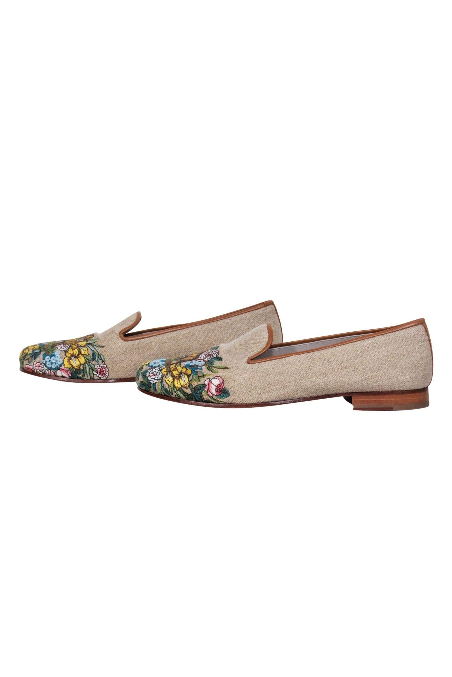 Stubbs & Wootton's Stunning Tan Canvas Slipper Loafers with Lion Embroidery - Size 8.5