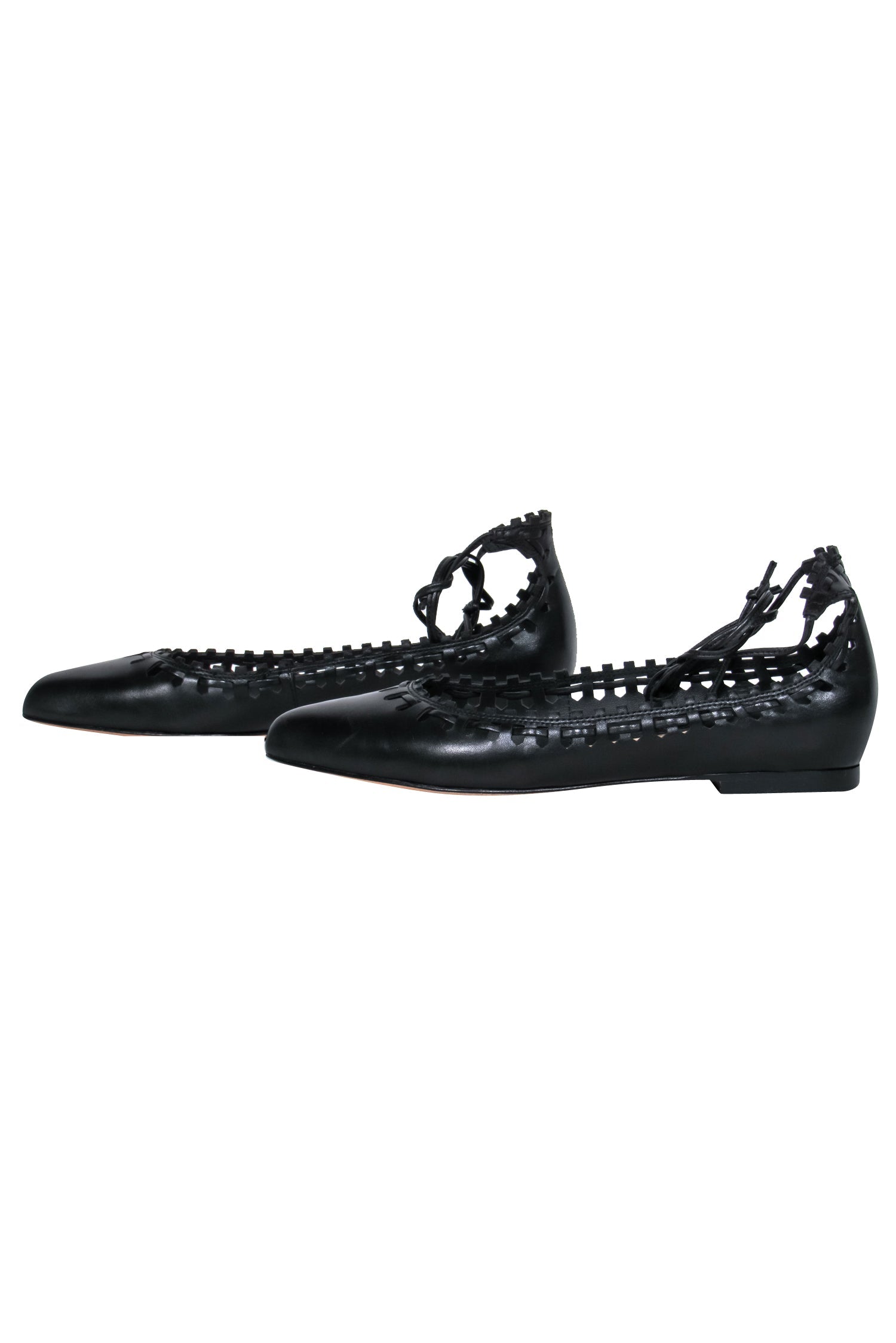 Via Spiga Black Leather Pointed Toe Ankle Wrap Flats: Edgy Laser Cut Trim!