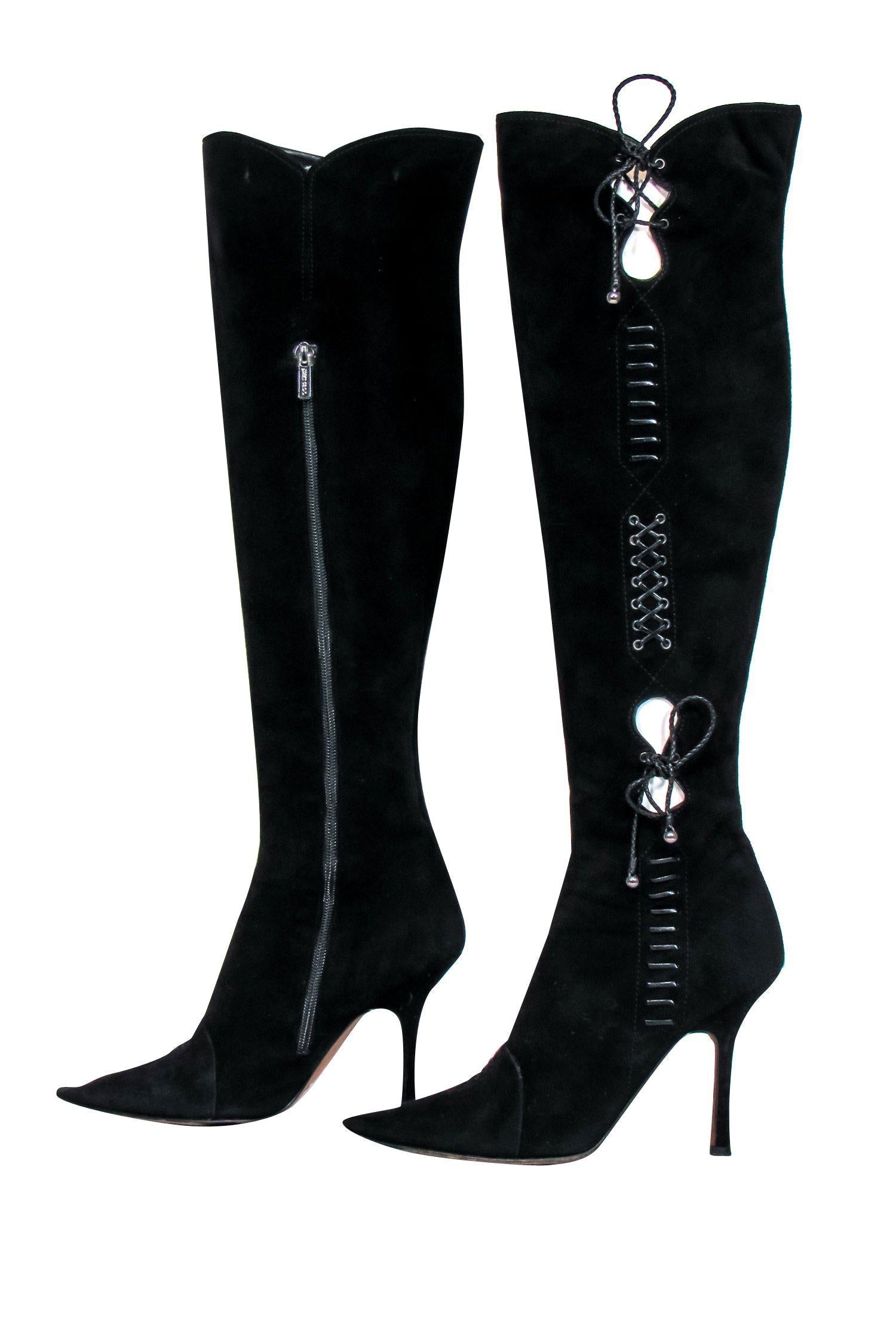 Jimmy Choo Black Suede Over-the-Knee Heeled Boots - Size 7.5, Stylish Lace-Up Design